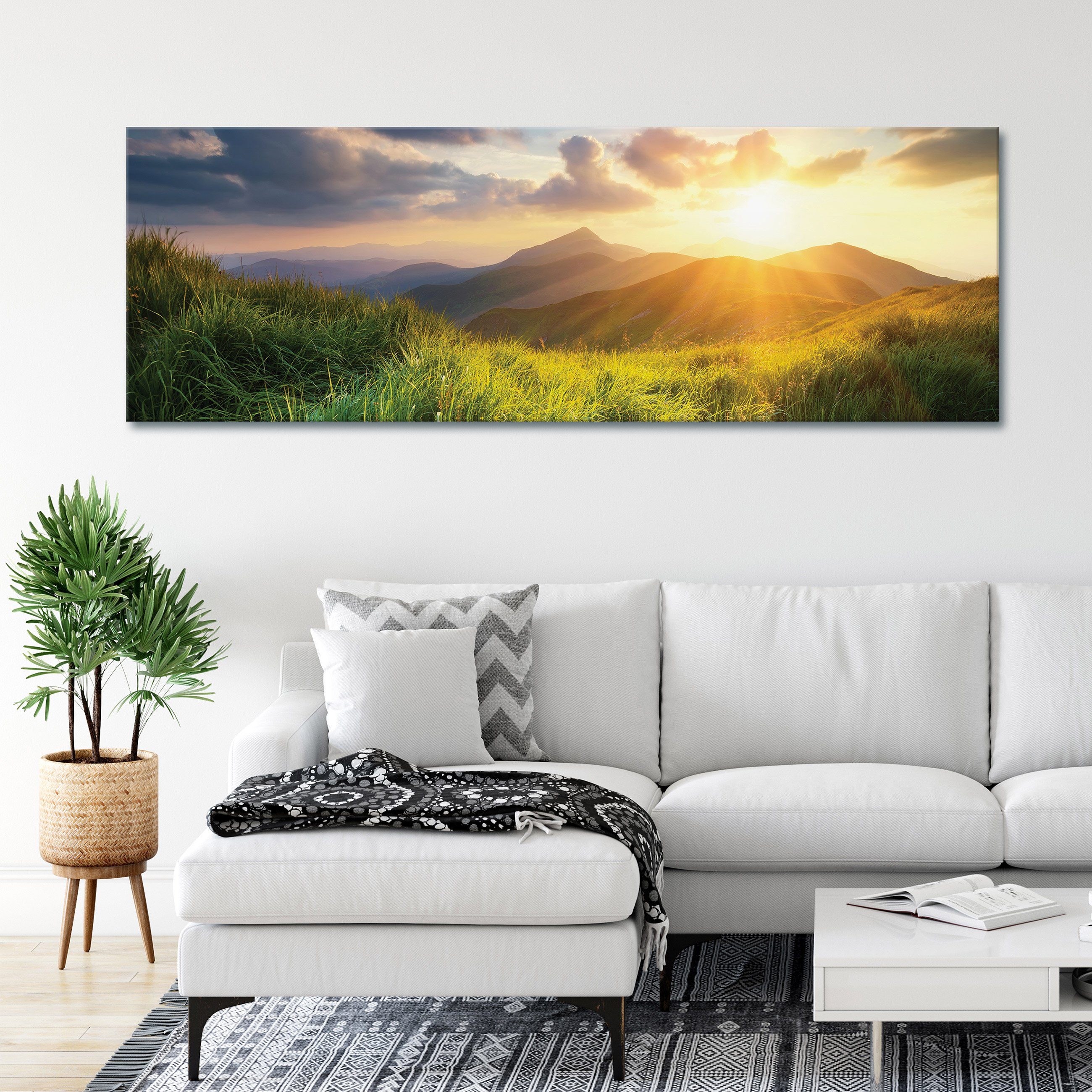 cm, Bilder XXL (Einteilig, Bild Wandbild Leinwandbilder Natur Modern St), Leinwand Groß 145x45 Landschaft Leinwandbild Wallarena Leinwandbild Sonne Aufhängefertig 1 Berge