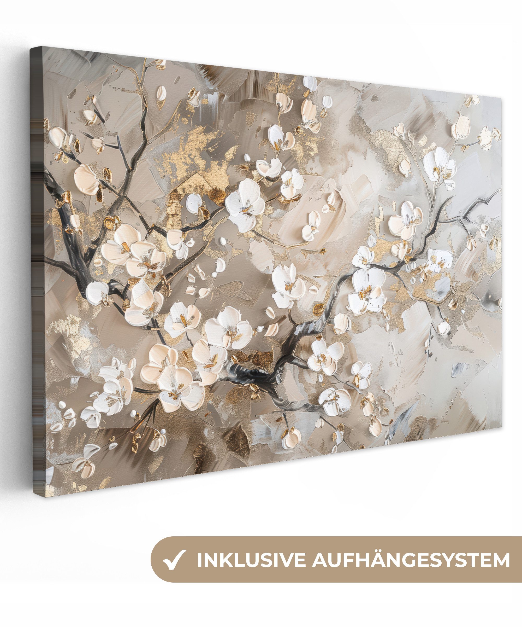 OneMillionCanvasses® Leinwandbild Blumen - Weiß - Gold - Beige - Luxus, Fotodruck (1 St), Wandbild XXL für Wohnzimmer Küche 120x80 cm