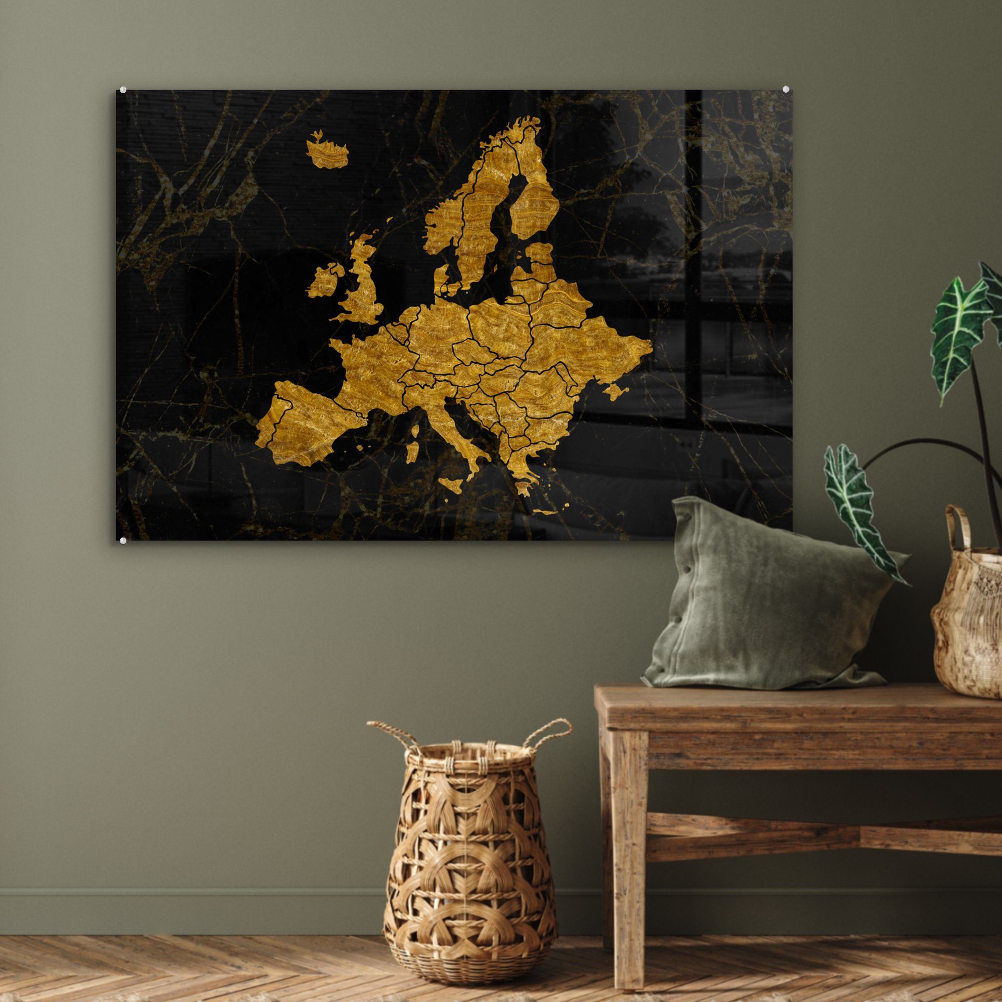 MuchoWow Acrylglasbild Karte Europa (1 Gold Schlafzimmer von - Schwarz, St), - & Acrylglasbilder Wohnzimmer