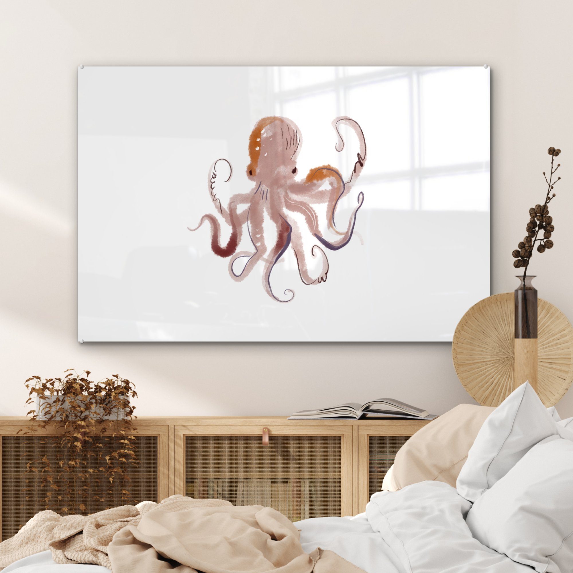 Oktopus Wohnzimmer Meerestiere - Weiß - Acrylglasbild & - St), MuchoWow Schlafzimmer Acrylglasbilder (1 Aquarell,