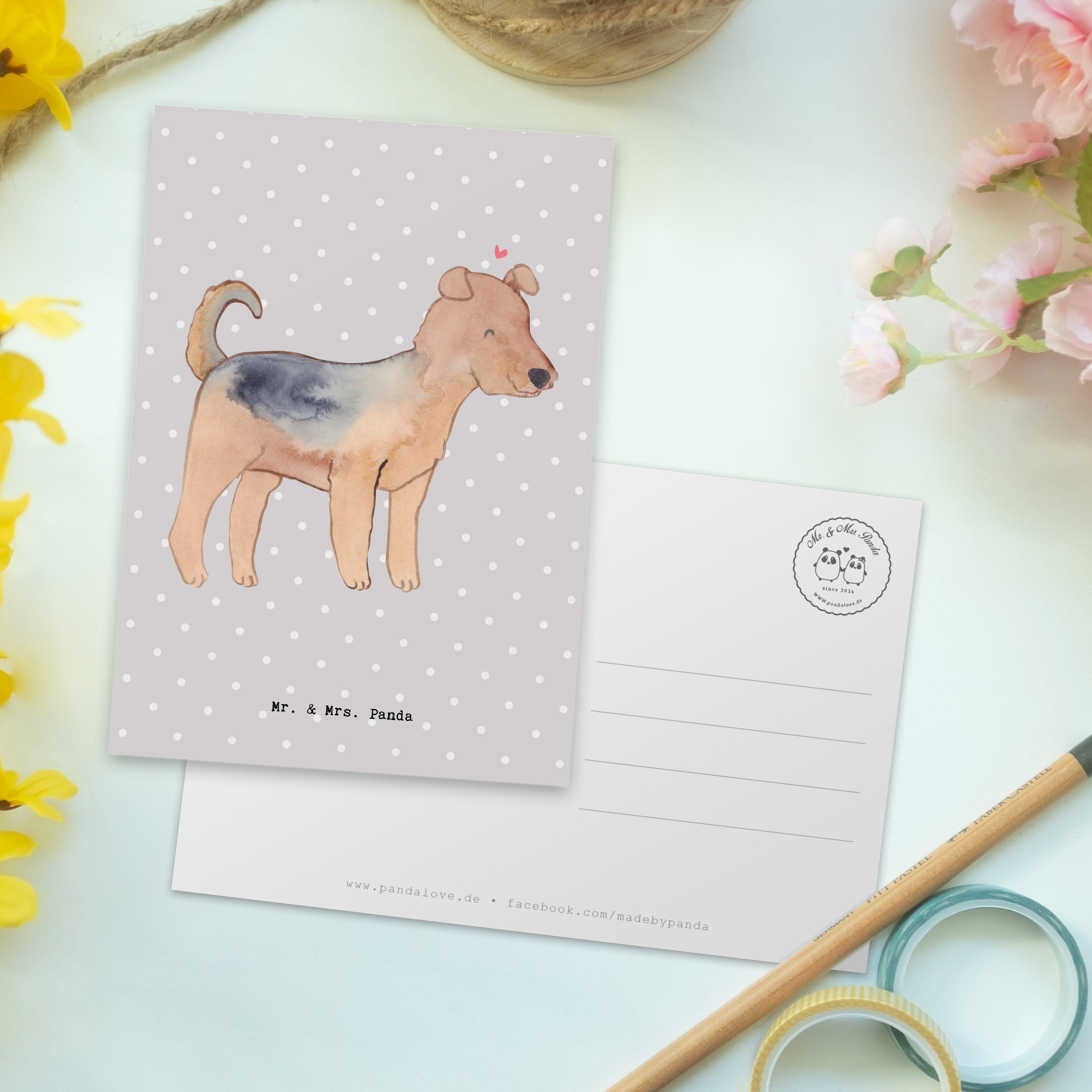 Geschenk, Postkarte Terrier Tierfre - Mr. Grau - Airedale Panda Grußkarte, Pastell Mrs. & Moment