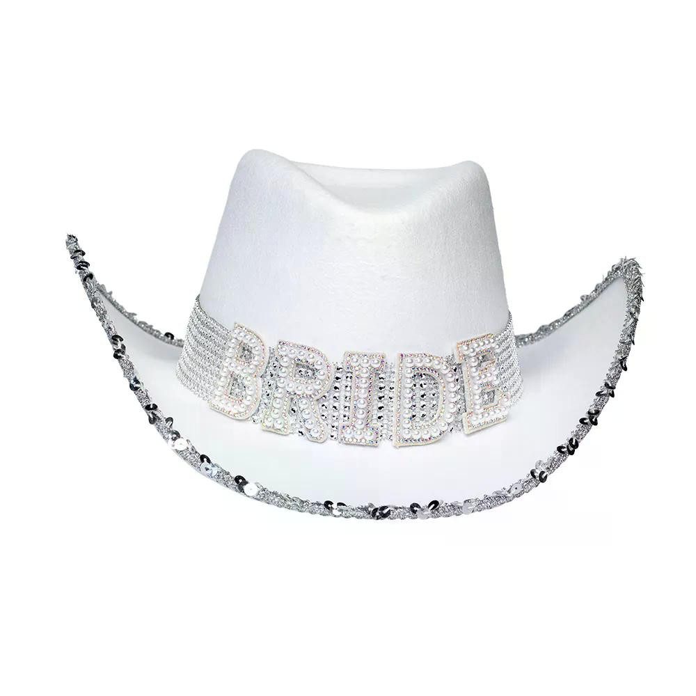 Boland Kostüm Bride Hut weiß stylischer Cowboyhut mit Glitzer 59 cm JGA Hochzeit, BRIDE funkelnd - Accessoire für Junggesellinnenabschied