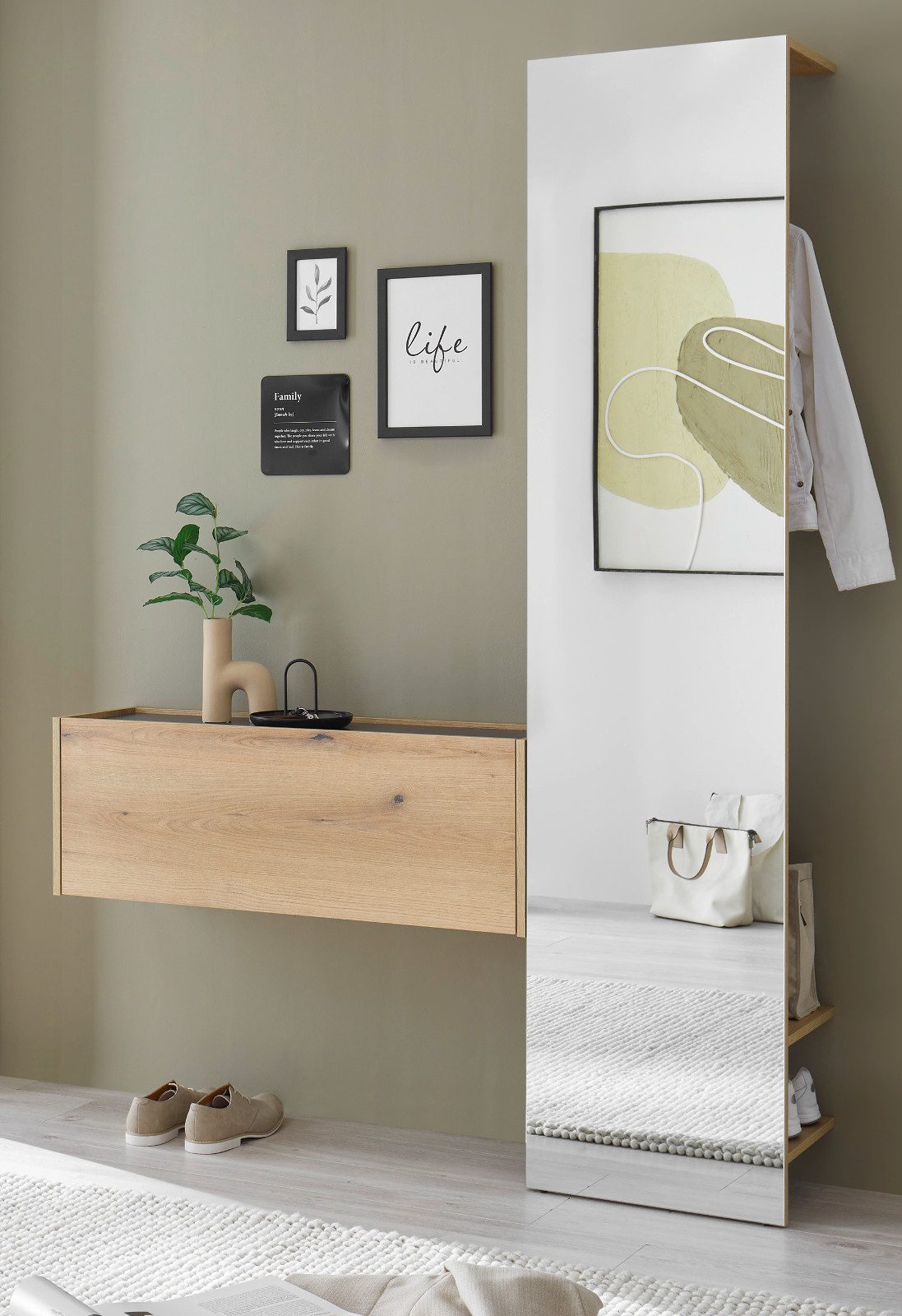 Furn.Design Garderoben-Set Center, (Flurgarderobe in Eiche mit Grau, 2-teilig, 150 x 200 cm), mit Kleiderstange und großer Spiegelfront