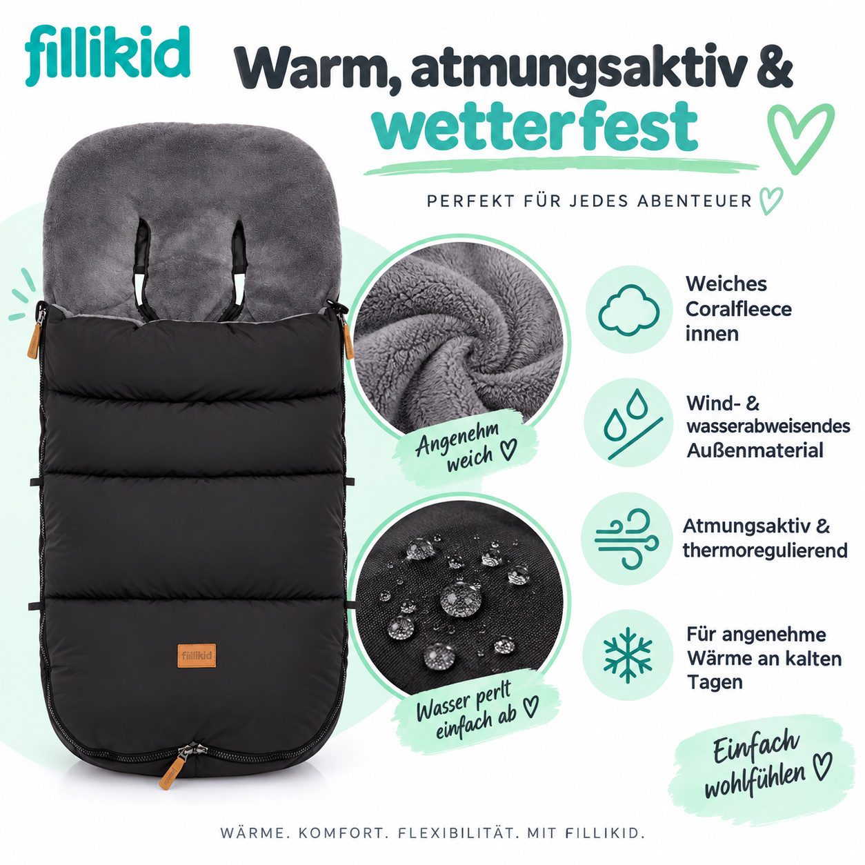Fillikid Fußsack Winterfußsack Kinley Exklusiv, warmer Winterfußsack waschbar mit Rundum Reißverschluss und – Bild 5 von 5