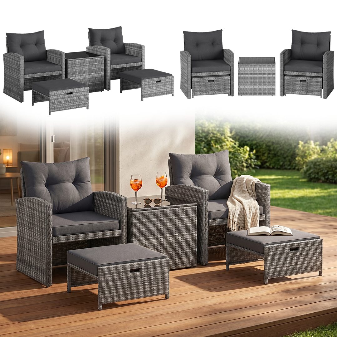 STEELSØN Sitzgruppe Selaria, Sitzgarnitur wetterfest inkl. Sitzkissen, (4-tlg., Grau), Gartenlounge mit 2 Stühlen, 2 Hocker & Tisch