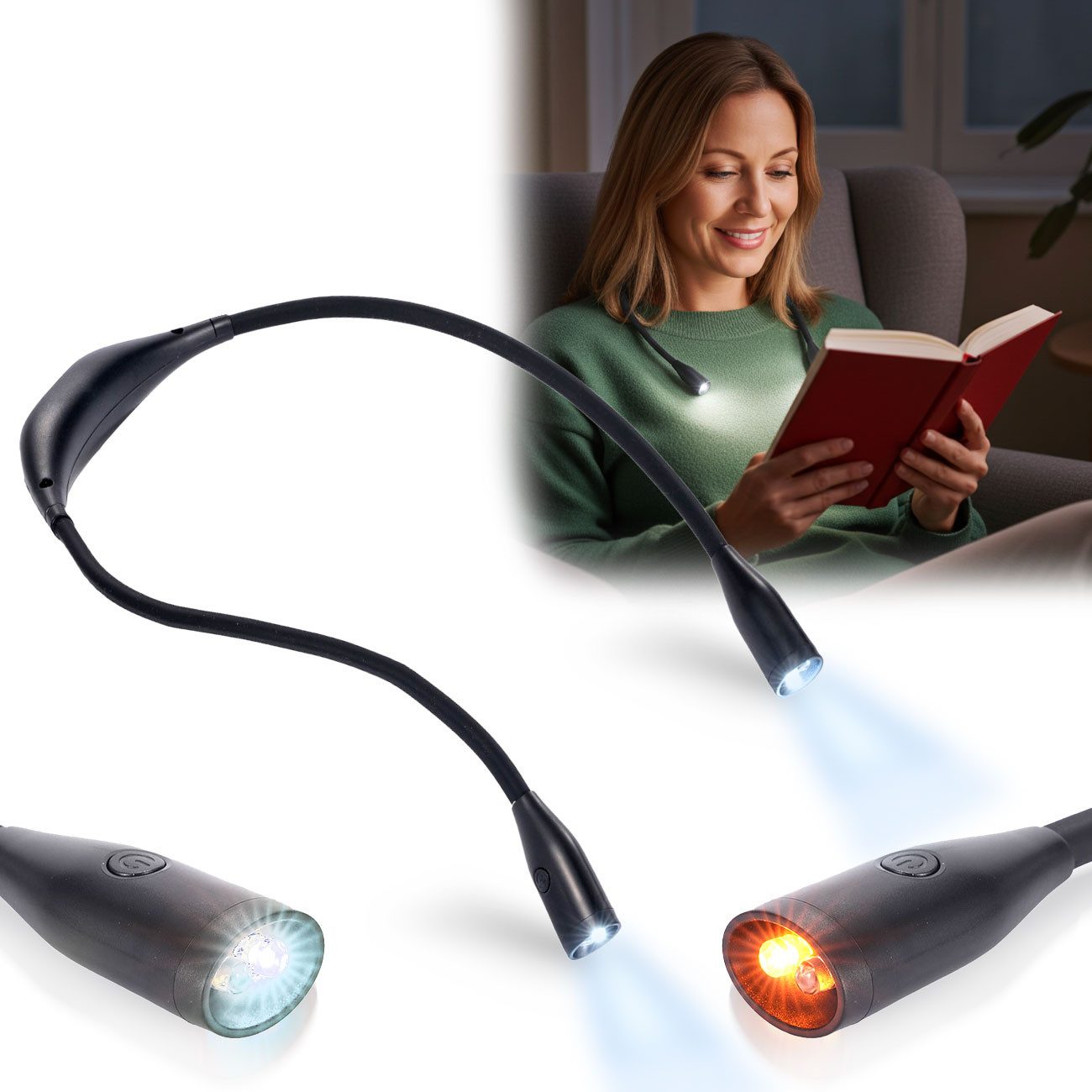 shop'n smile ideoon LED Leselampe LED Leseleuchte zum Umhängen Akku Leselampe 2W dimmbar 3 Farben, LED fest integriert, Wiederaufladbar/flexibler Schwanenhals/6 St. Leuchtdauer