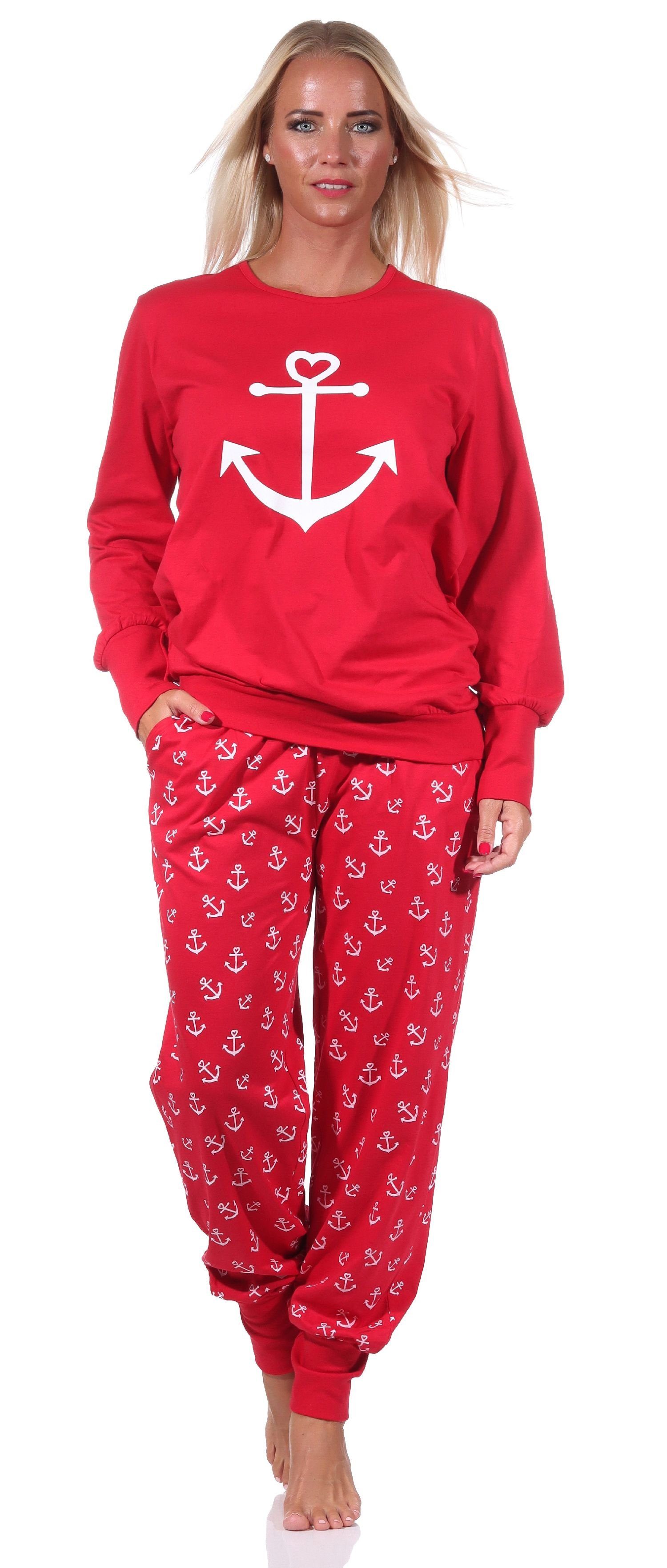 Normann Pyjama Damen Schlafanzug mit Bündchen in maritimer Optik mit Anker als Motiv rot
