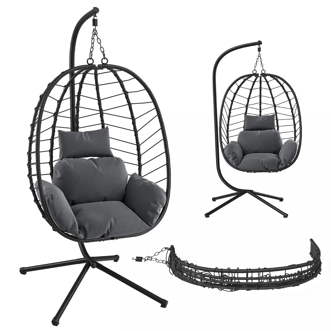 STEELSØN Подвесноые стулья Alarian (dunkelgrau/schwarz, mit Gestell und Sitzkissen), höhenverstellbar, faltbar, für indoor und outdoor, aus Polyrattan