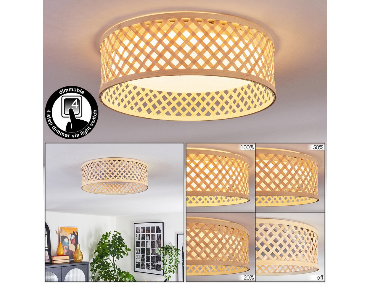 hofstein Deckenleuchte Deckenlampe aus Metall/Bambus/Kunststoff in Weiß/Natur im Boho-Design, ohne Leuchtmittel, moderne Deckenleuchte, dimmbar über Wandschalter, 16 Watt, 2000 Lumen