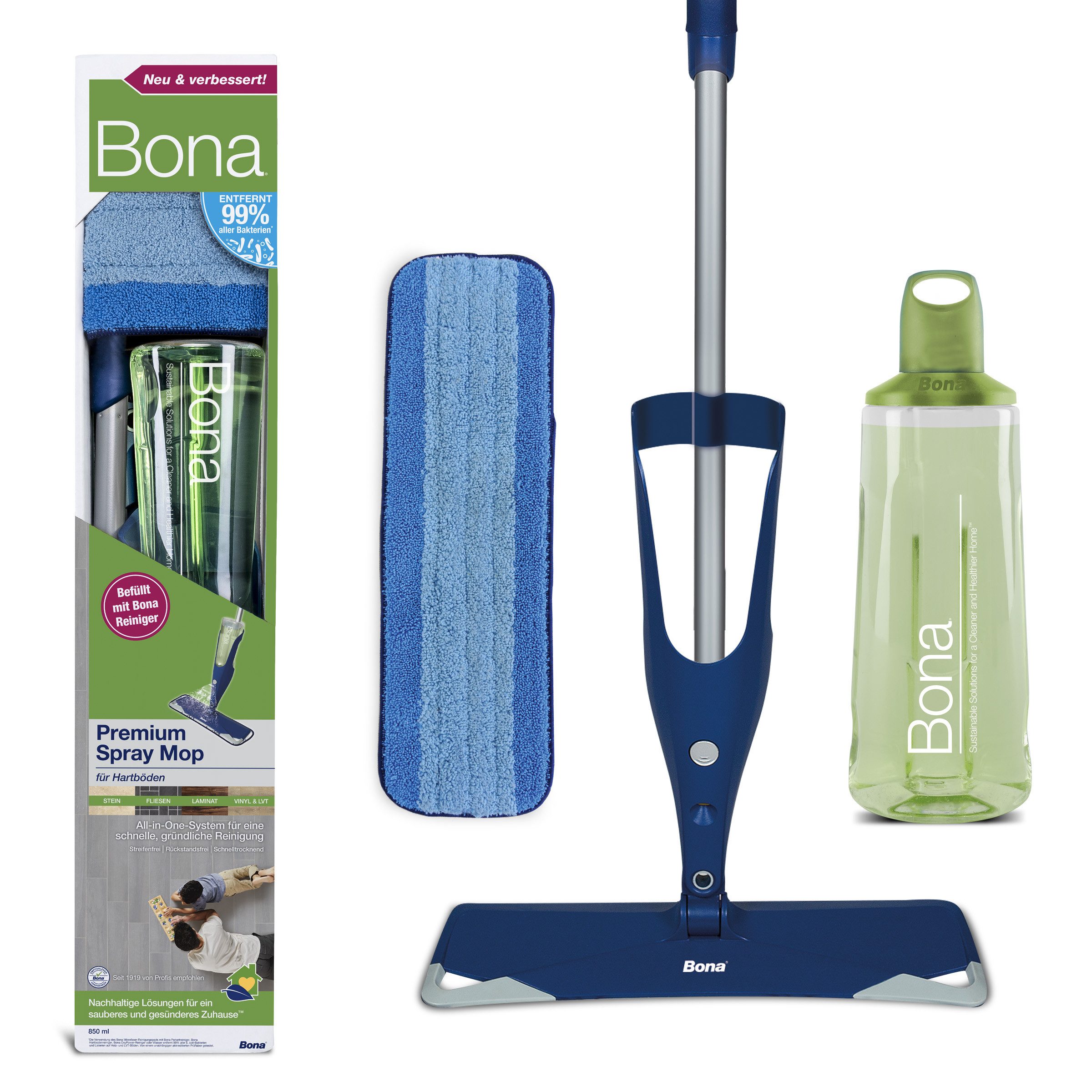 Bona Sprühwischer Premium Spray Mop mit 850 ml Kartusche für Hartböden Rückstandsfrei, Schnell trocknend, pH-neutral