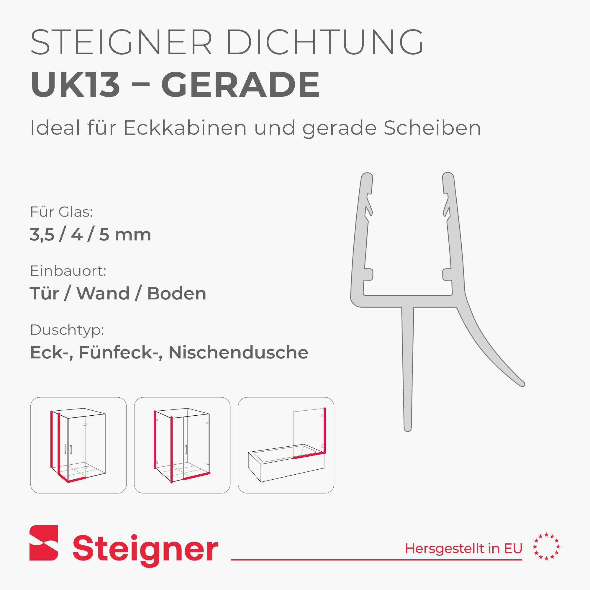 STEIGNER Duschdichtung Duschdichtung Gerade UK13 30 cm (1 Stk) Transparent 3,5-5 mm, L: 30 cm, (1 Stück Packung, Einzeldichtung), Dichtung für Eckeinstieg Dusch – Bild 2 von 5