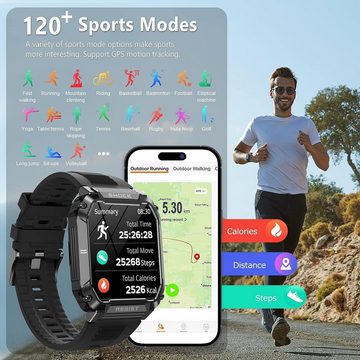 Marsyu Smartwatch (1,95 Zoll, Android iOS), Herren Telefonfunktion wasserdichte Sportuhr 123 Sportmodi Fitnessuhr
