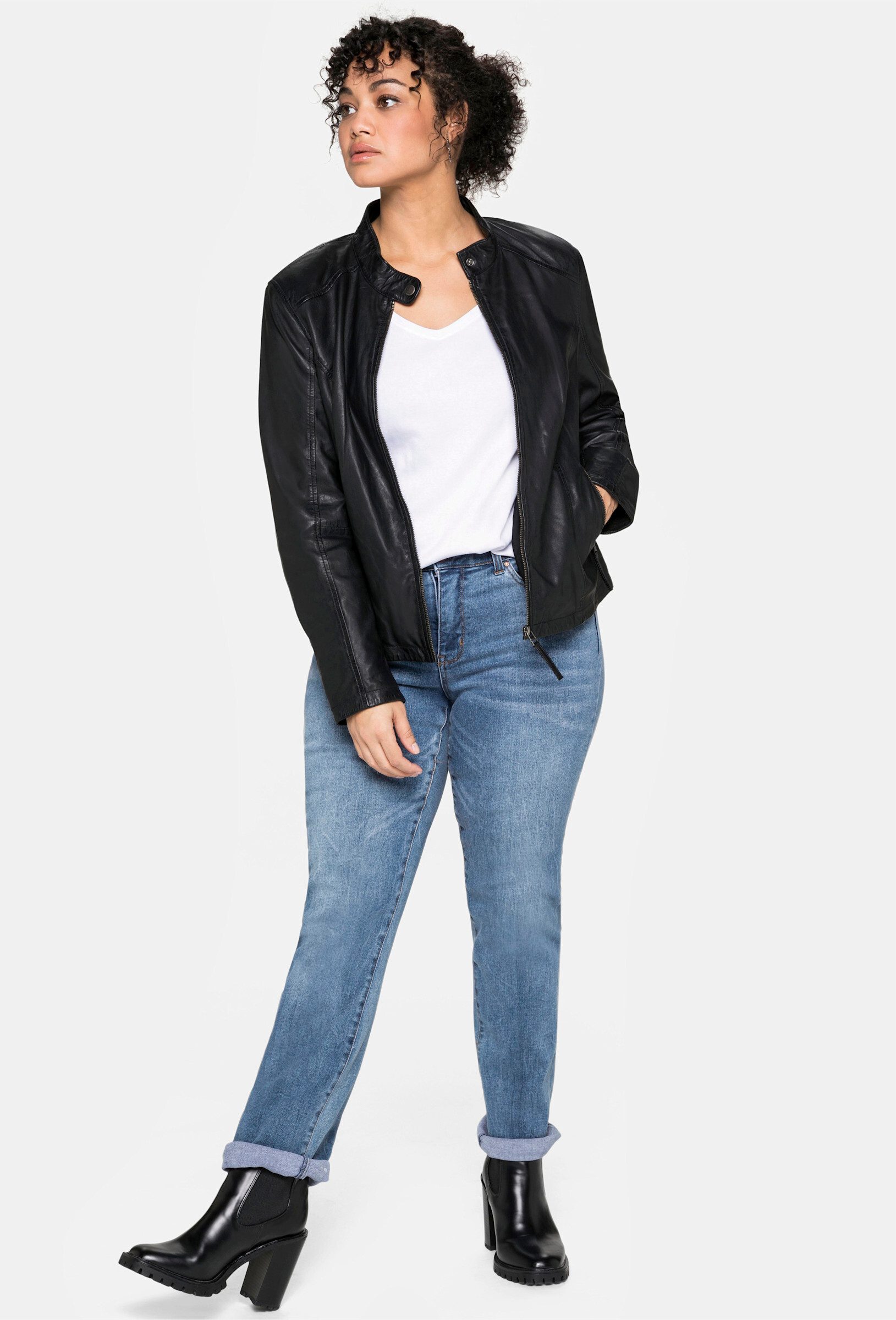 Sheego Allwetterjacke Leder-Jacke Langarm aus Lammnappa, mit Stehkragen günstig online kaufen