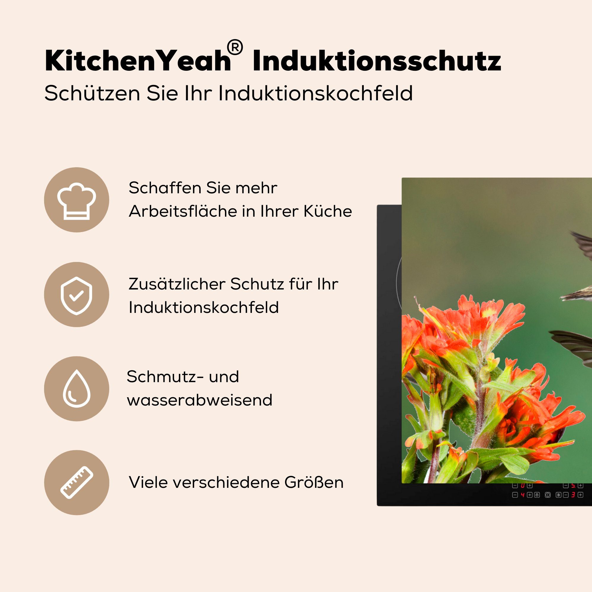die MuchoWow Induktionskochfeld 81x52 (1 cm, küche, Vinyl, - - Orange, für Herdblende-/Abdeckplatte Ceranfeldabdeckung tlg), Schutz Kolibri Blumen