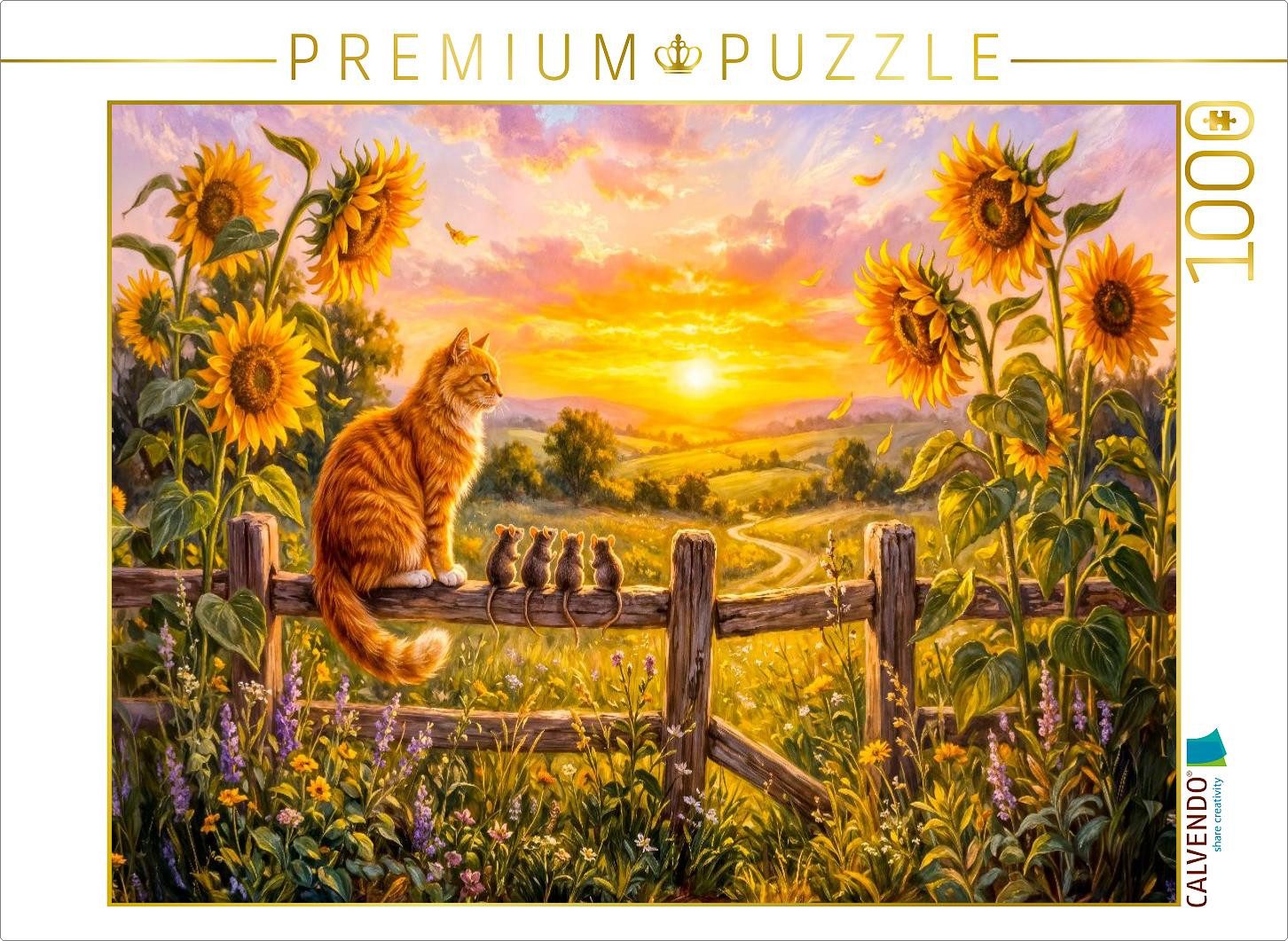 CALVENDO Puzzle CALVENDO Puzzle Katze und Mäuse schauen vom Zaunpfahl in sommerlichen, 1000 Puzzleteile