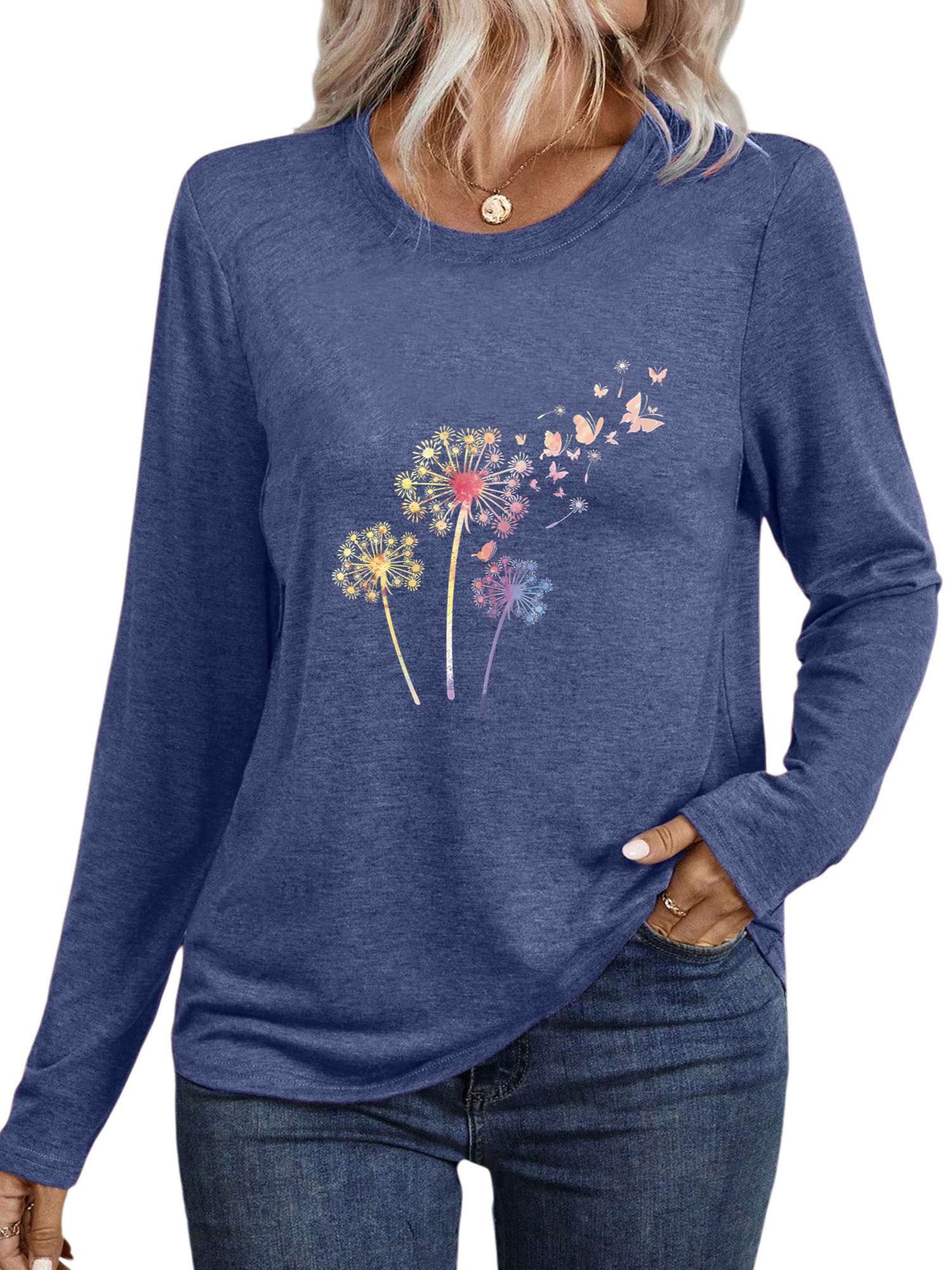 PYLIKE Longsleeve Damen Rundhalsausschnitt Longsleeve mit Löwenzahn Print-S günstig online kaufen