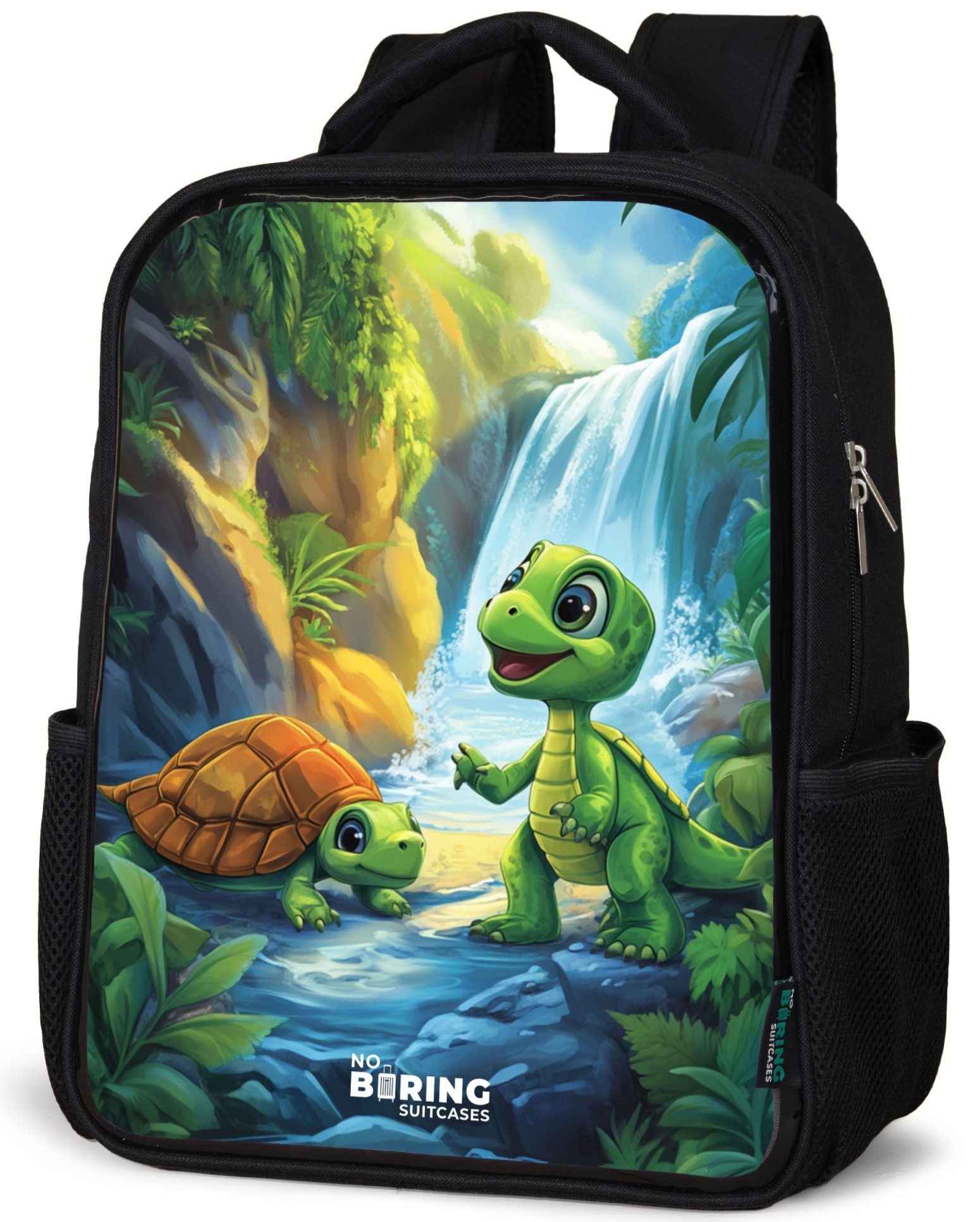 Schildkröte und Dino am Wasserfall im tropischen Wald