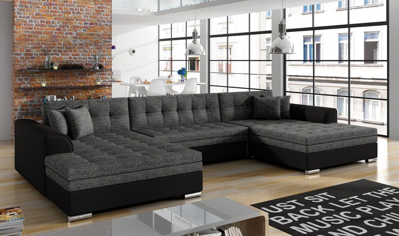 JVmoebel Ecksofa Ecksofa Sofa Wohnlandschaft Couch U Form Textil Stoff Grau  Sofort, 3 Teile