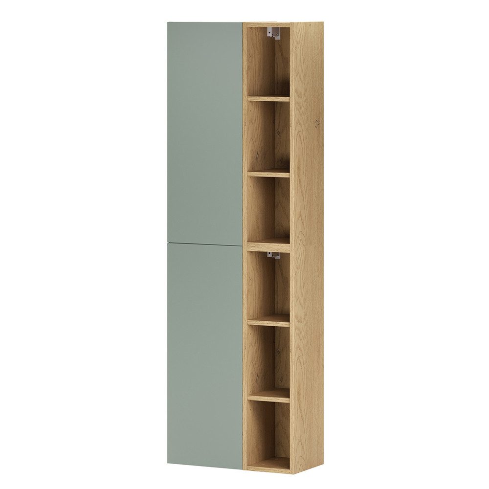 Lomadox Hochschrank ALASSIO-56 50 cm breit in Grün matt mit Eiche, 2 Türen & 6 offene Fächer