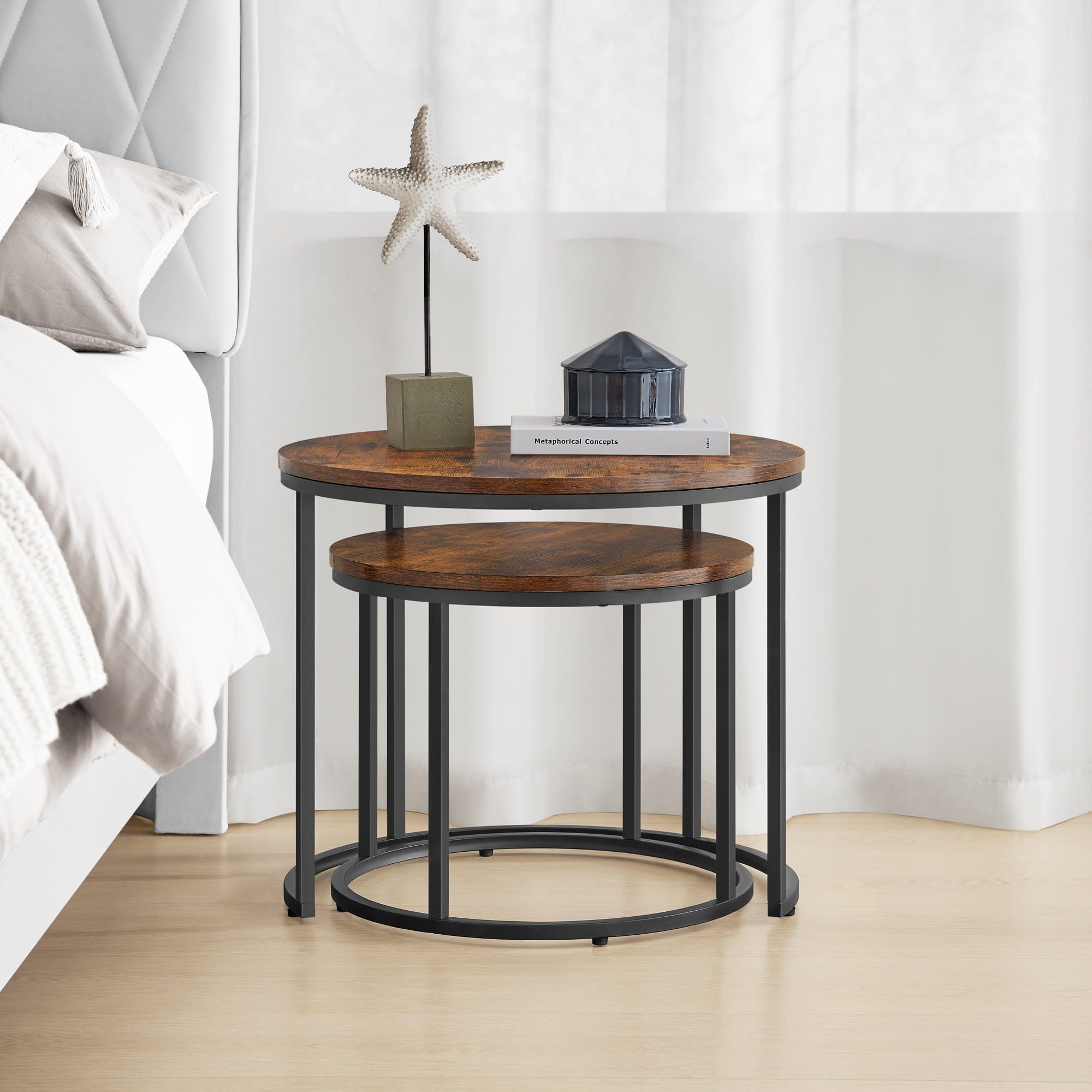 Home Collective Couchtisch 2er Set Beistelltisch Loft Design 2in1 Verschachtelung Wohnzimmer, kratzfeste Oberfläche 53cm & 43cm Rustikal-Eiche schwarzen Beinen  – Bild 5 von 5