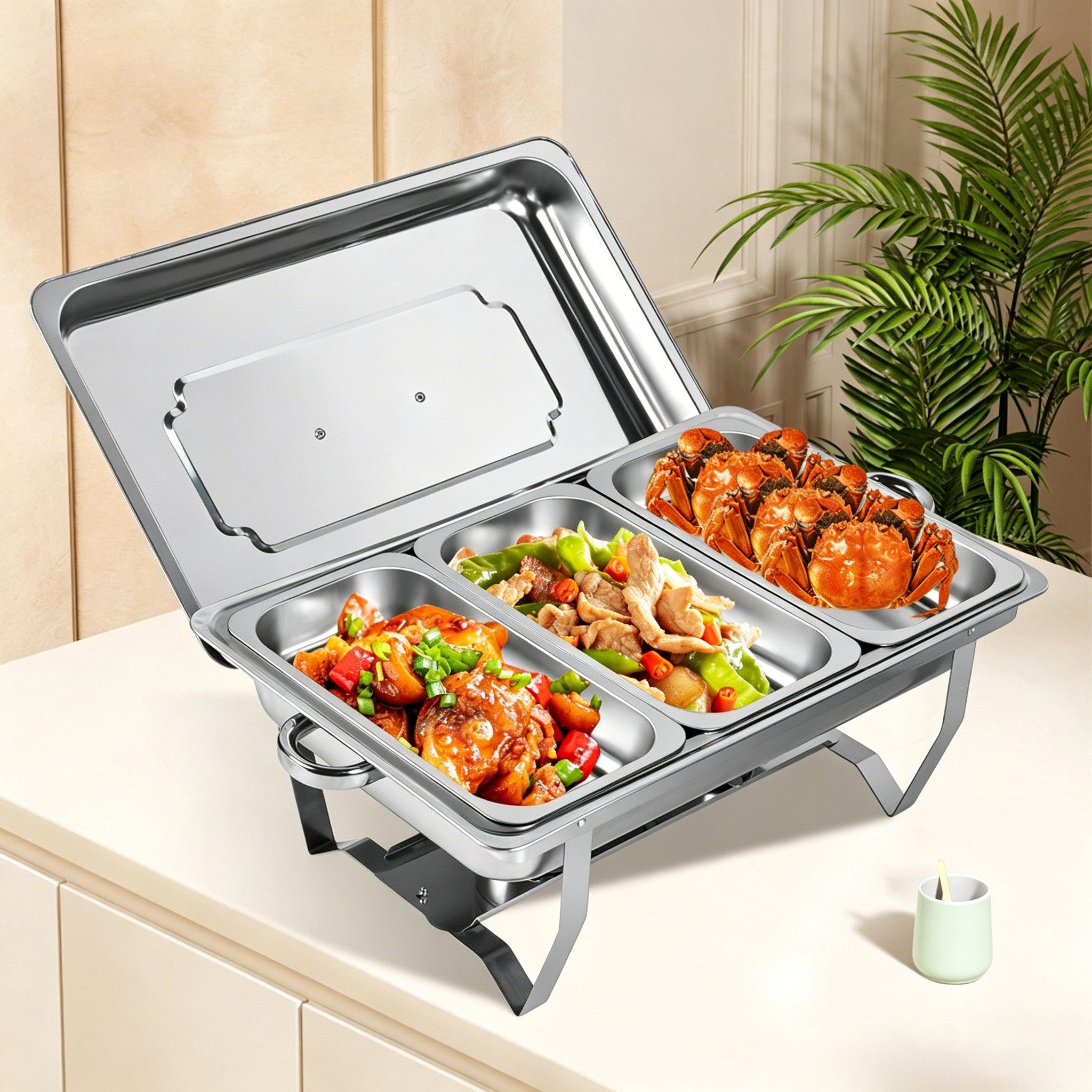 wohnTRAUM24 Speisenwärmer 11L Edelstahl Warmhaltebehälter Speisenwärmer Chafing Dish Behälter, (Buffetwärmer-Set, Komplettset), Klappbar, Edelstahl, einfache Reinigung, für Buffet/Catering