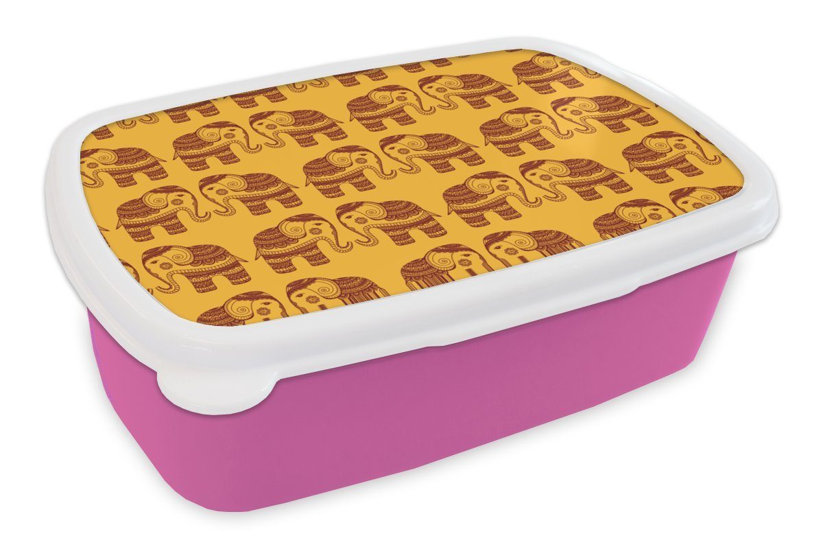 MuchoWow Lunchbox Muster - Elefant - Indien, Kunststoff, (2-tlg), Brotbox für Erwachsene, Brotdose Kinder, Snackbox, Mädchen, Kunststoff rosa