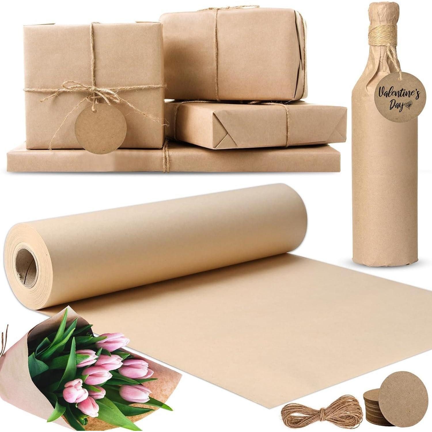 LuxusKollektion Packpapier Braunes Kraftpapier Set 30cm x 30m +30 Kraftpapieretiketten +10m
