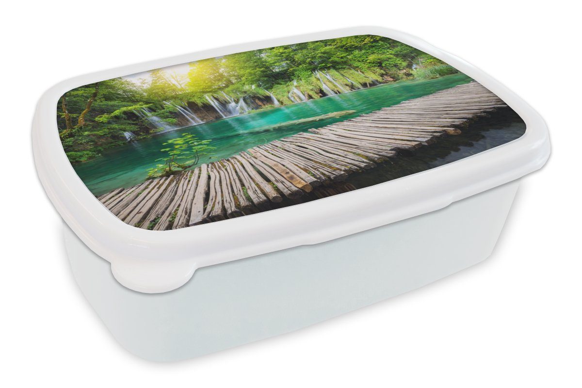 MuchoWow Lunchbox Brücke - Wasserfall - Natur, Kunststoff, (2-tlg), Brotbox für Kinder und Erwachsene, Brotdose, für Jungs und Mädchen weiß