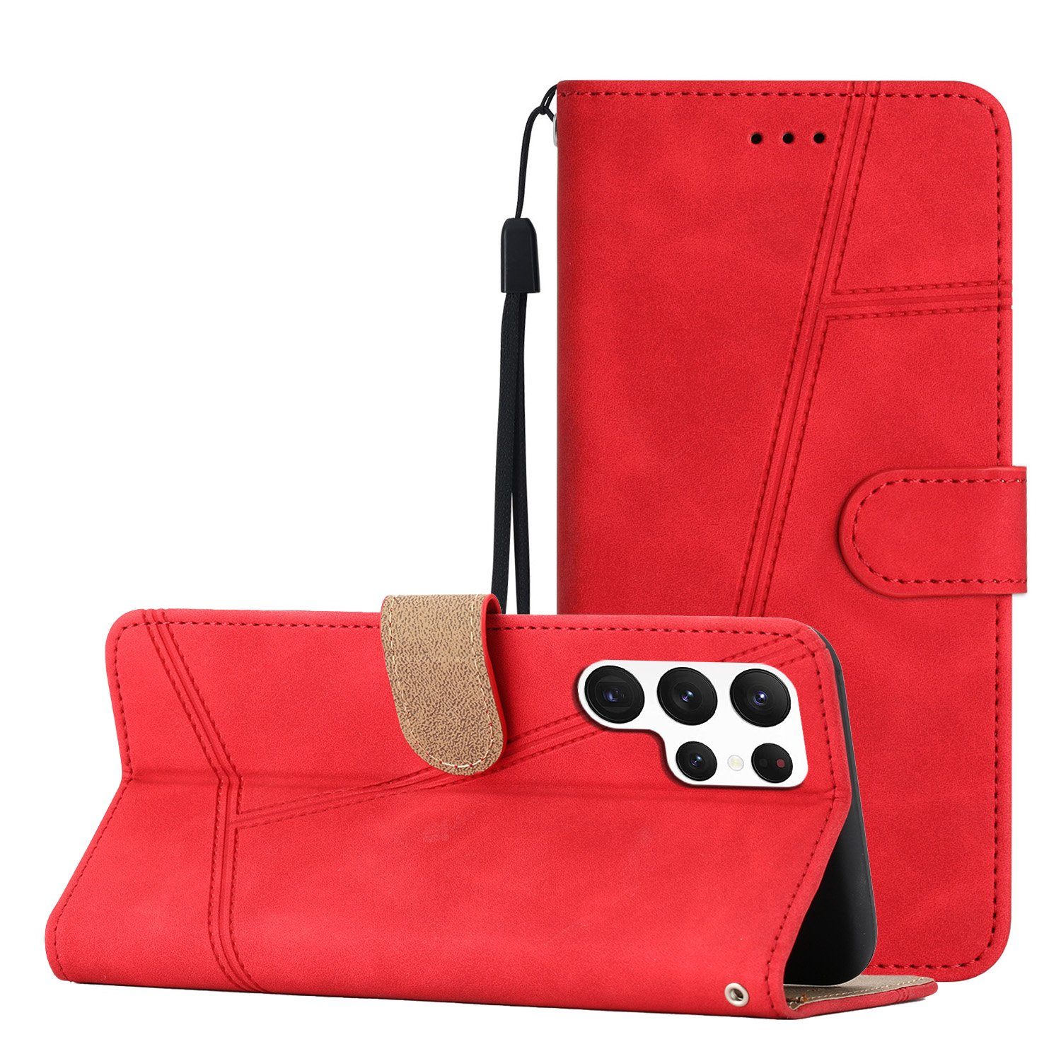 CLM-Tech Handytasche Hülle für Samsung Galaxy S23 5G Ultra Tasche aus Kunstleder Etui (1x Samsung Galaxy S23 Ultra 5G Wallet Case Cover Handyhülle), Kartenfächer, Standfunktion Rot