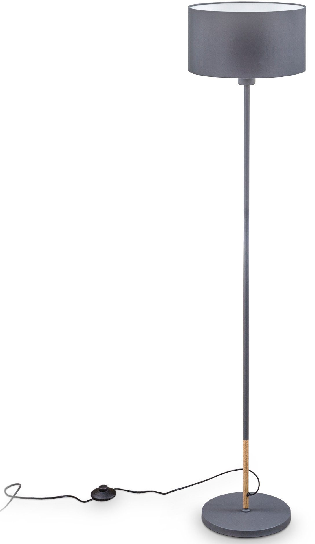 Stoff-Stehleuchte, Ø30cm, B.K.Licht mit Leuchtmittel, Grau, BK_ST1418 ohne 140 cm, Stehlampe Fußtaster Kabel Stoffschirm E27-Fassung, Leuchtmittel ohne