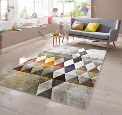 Teppich Designer Teppich mit Konturenschnitt Karo Muster Multi Farben Orange Grün Braun, TeppichHome24, rechteckig
