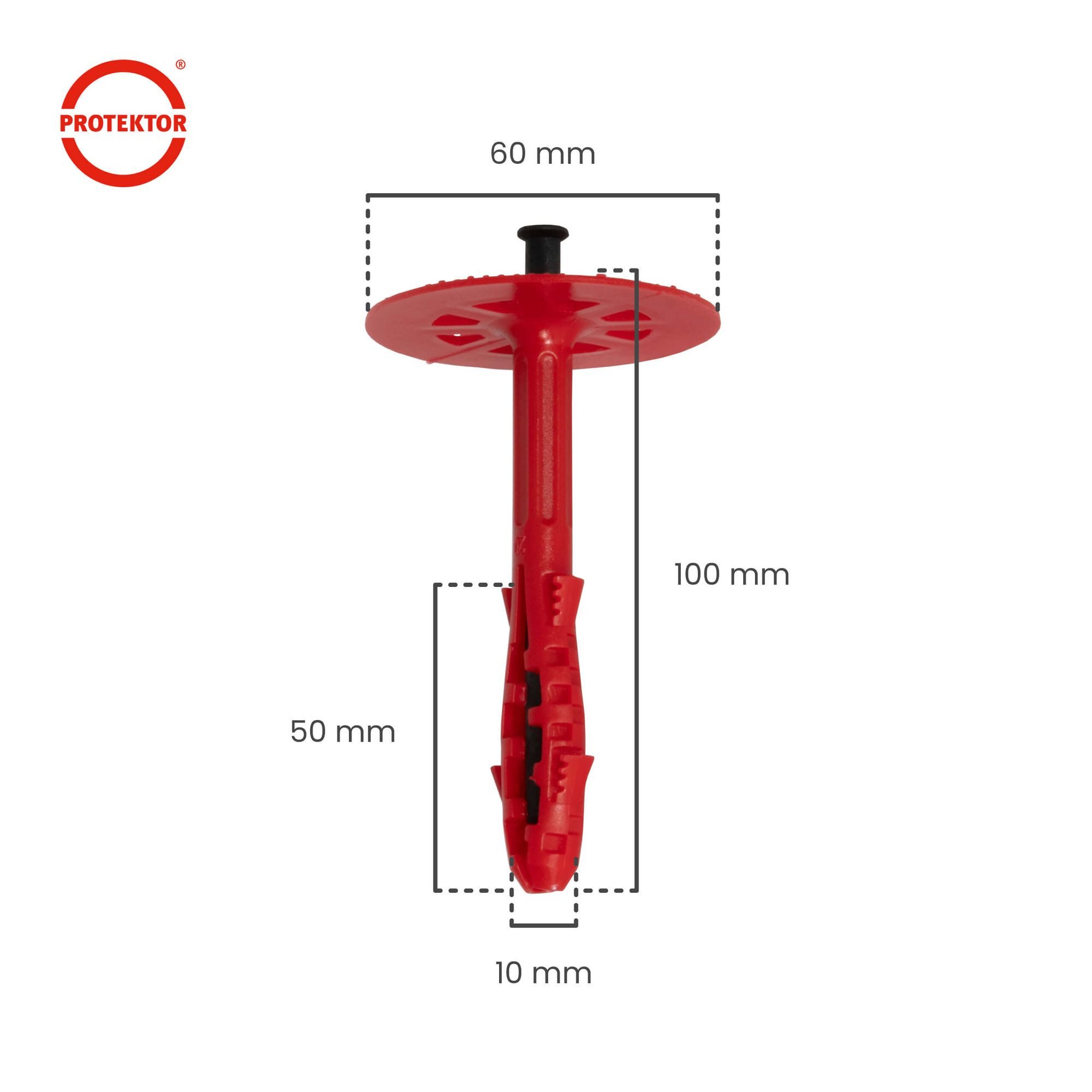 PROTEKTOR Schrauben- und Dübel-Set Dämmstoffdübel Ø10mm, Schlagdübel mit Kunststoffnagel für WDVS, (Dämmstoffdübel 100 Stück Ø10x100mm, 100 St., Fassadendübel für WDVS und zur Befestigung von Fassadendämmung), ETA-zertifizierte Schlagdübel Tellerdübel für alle Nutzungskategorien