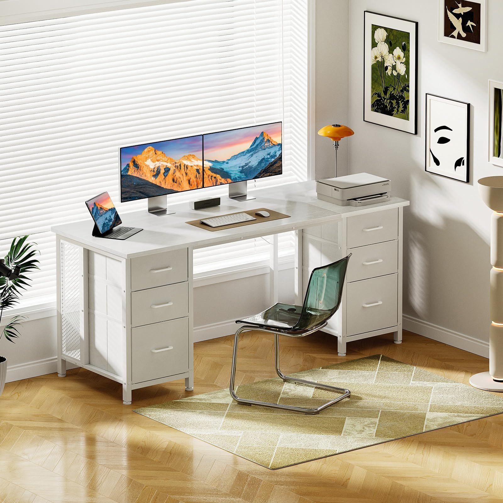 ODK Schreibtisch mit 6 Stoffschubladen, Umbaubarer Computertisch mit Regal (1-St), 160x52 cm Weiß, Viel Stauraum, Ideal für Büro & Gaming