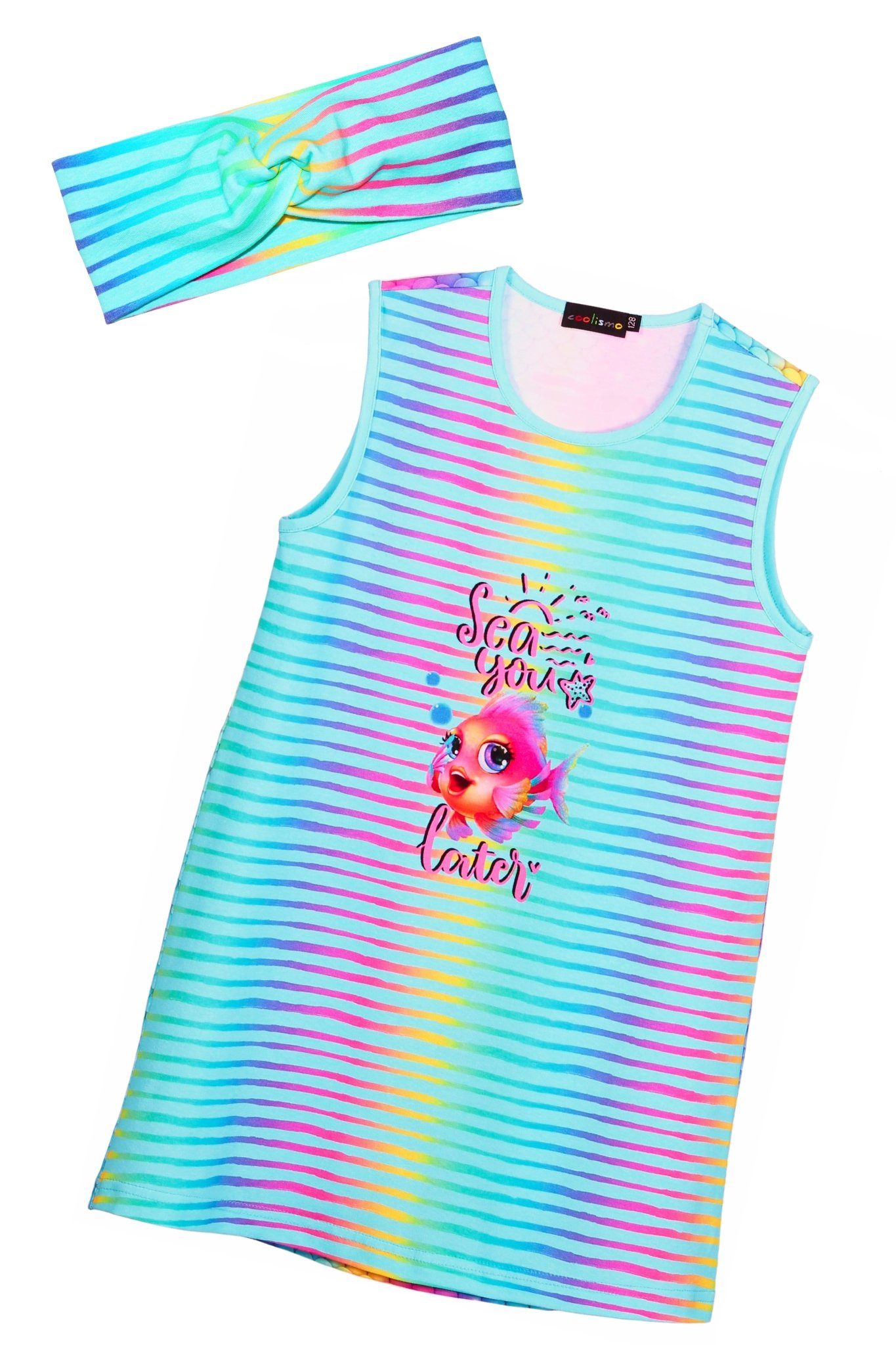 Kleid & Haarband Shirtkleid Regenbogenfisch-Print & Haarband gestreift
