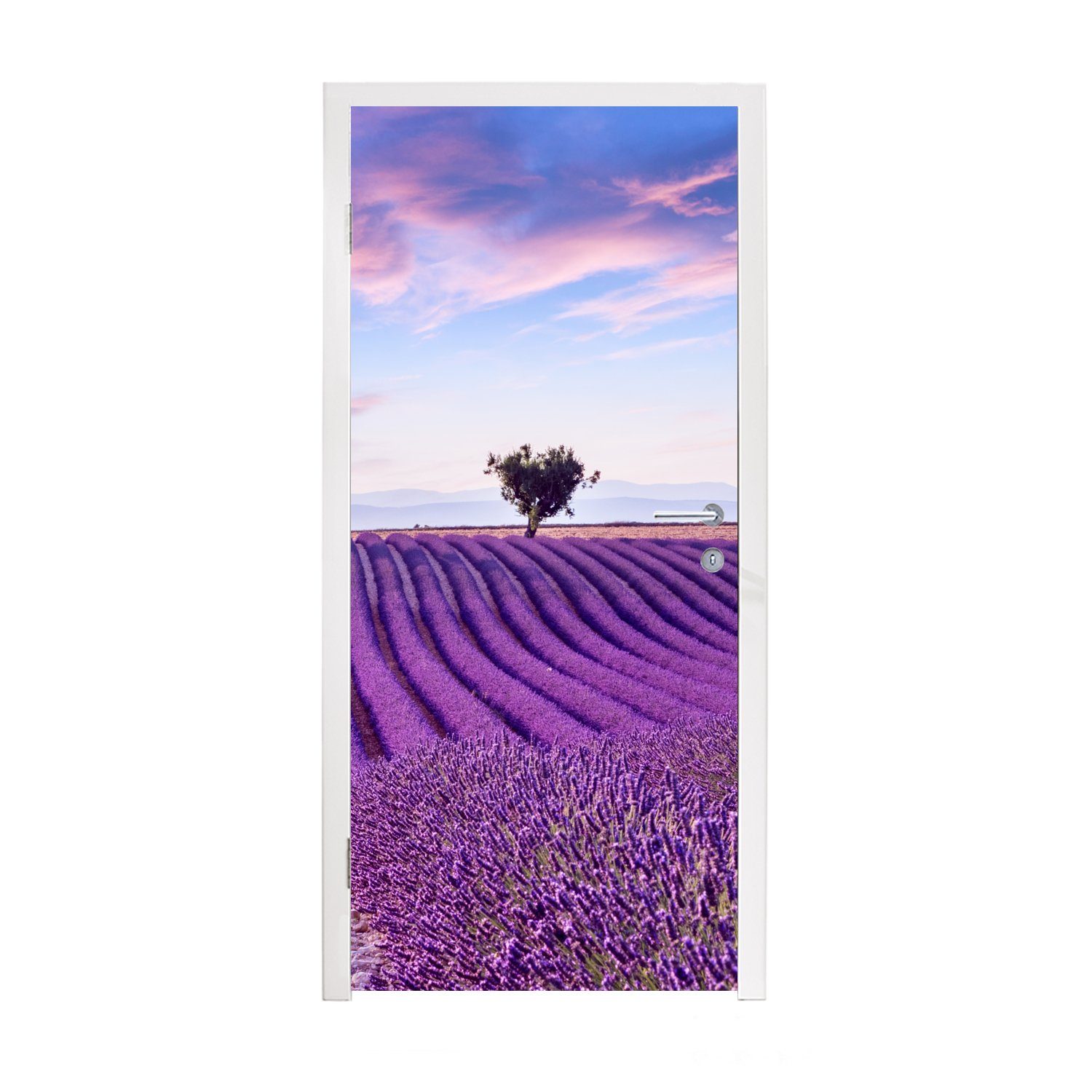 MuchoWow Türtapete Lavendel - Natur - Lila - Bäume - Blumen, Matt, bedruckt, (1 St), Fototapete für Tür, Türaufkleber, 75x205 cm