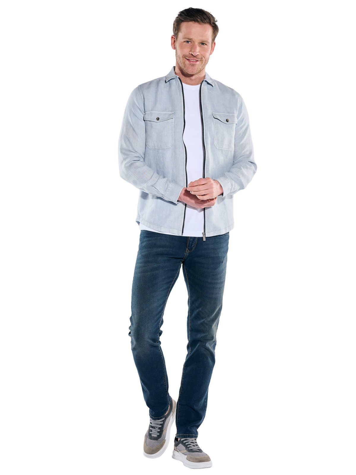 Engbers Langarmhemd Herren Leinen Overshirt mit Zipper, Hellblau