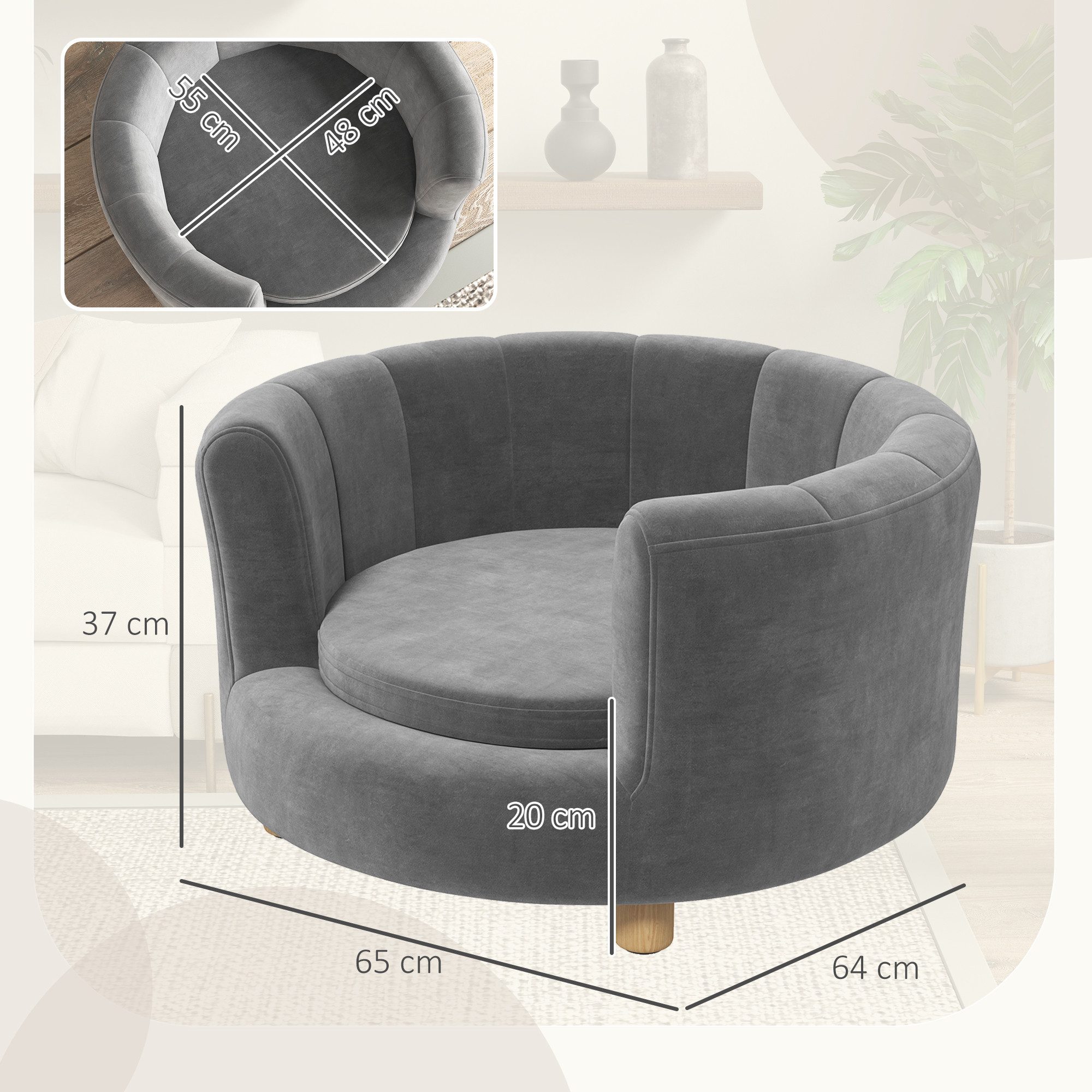PawHut Tierbett Hundesofa Hundecouch, Waschbarer Bezug, mit Rückenlehne und Holzbeine, Polyester, für kleine Hunde unter 4,5 kg, Grau