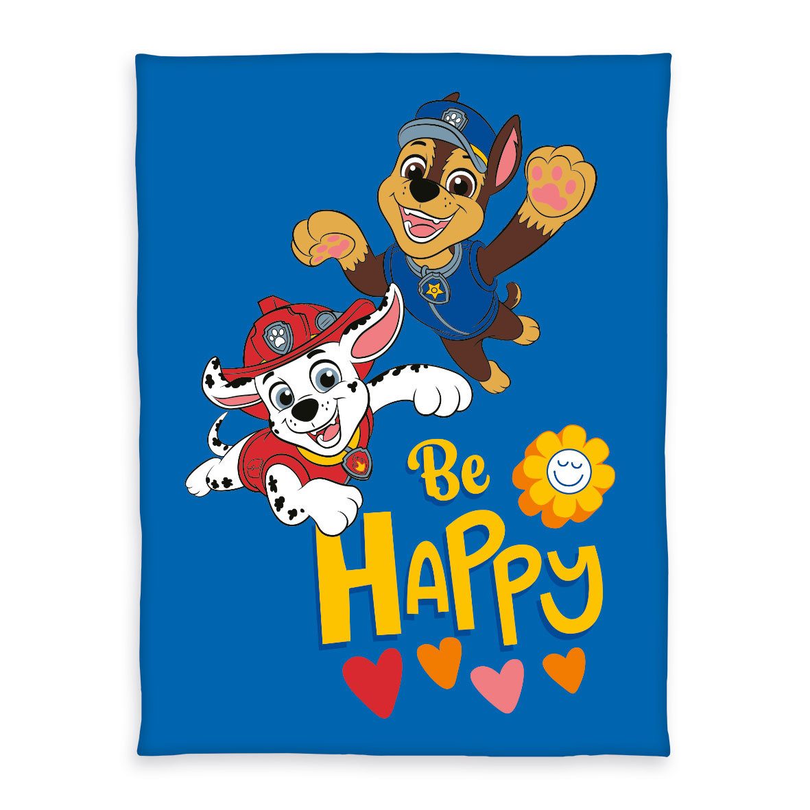 Kinderdecke 130x170cm, Paw Patrol Be Happy Blau Bunt, Herding, Bequeme Fleecedecke mit tollem Paw Patrol Motiv