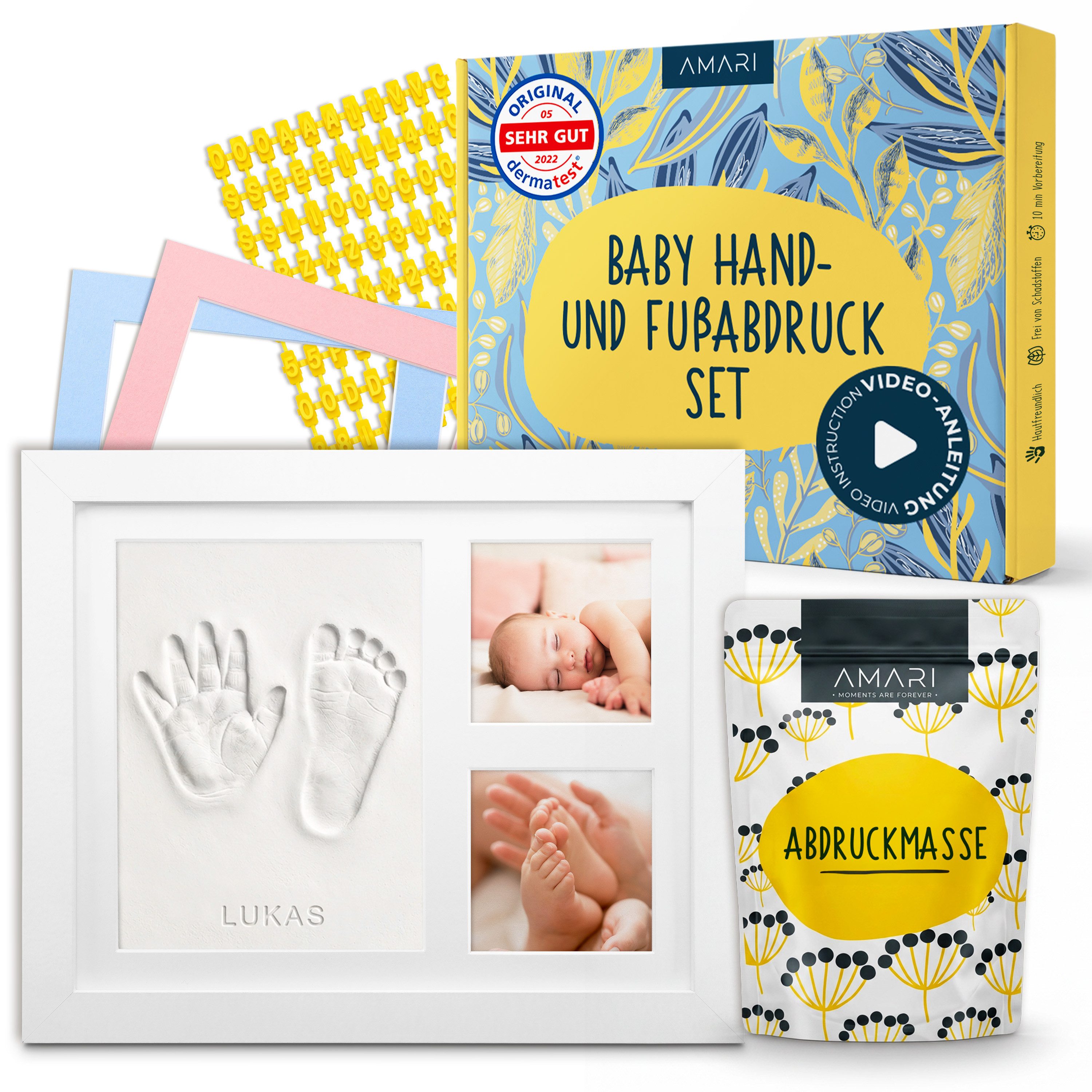 Amari Handabdruck-Set Baby Fußabdruck Set mit Holz-Bilderrahmen & Abdruckmasse, Komplettset mit Videoanleitung, ohne Anrühren, 3 Passepartouts in Weiß, Rosa & Blau, Buchstaben- & Zahlenset, Geschenk zur Geburt, Taufe & Babyparty, Name & Datum einprägen