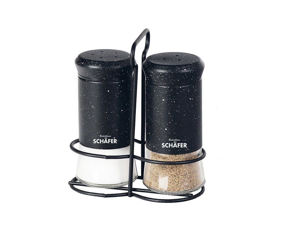 Schäfer Elektronik Salz- / Pfefferstreuer 3tlg. Salz-/Pfeffer-Menage "Marble Black", (3-tlg), Glasflasche, hochwertiger Edelstahl