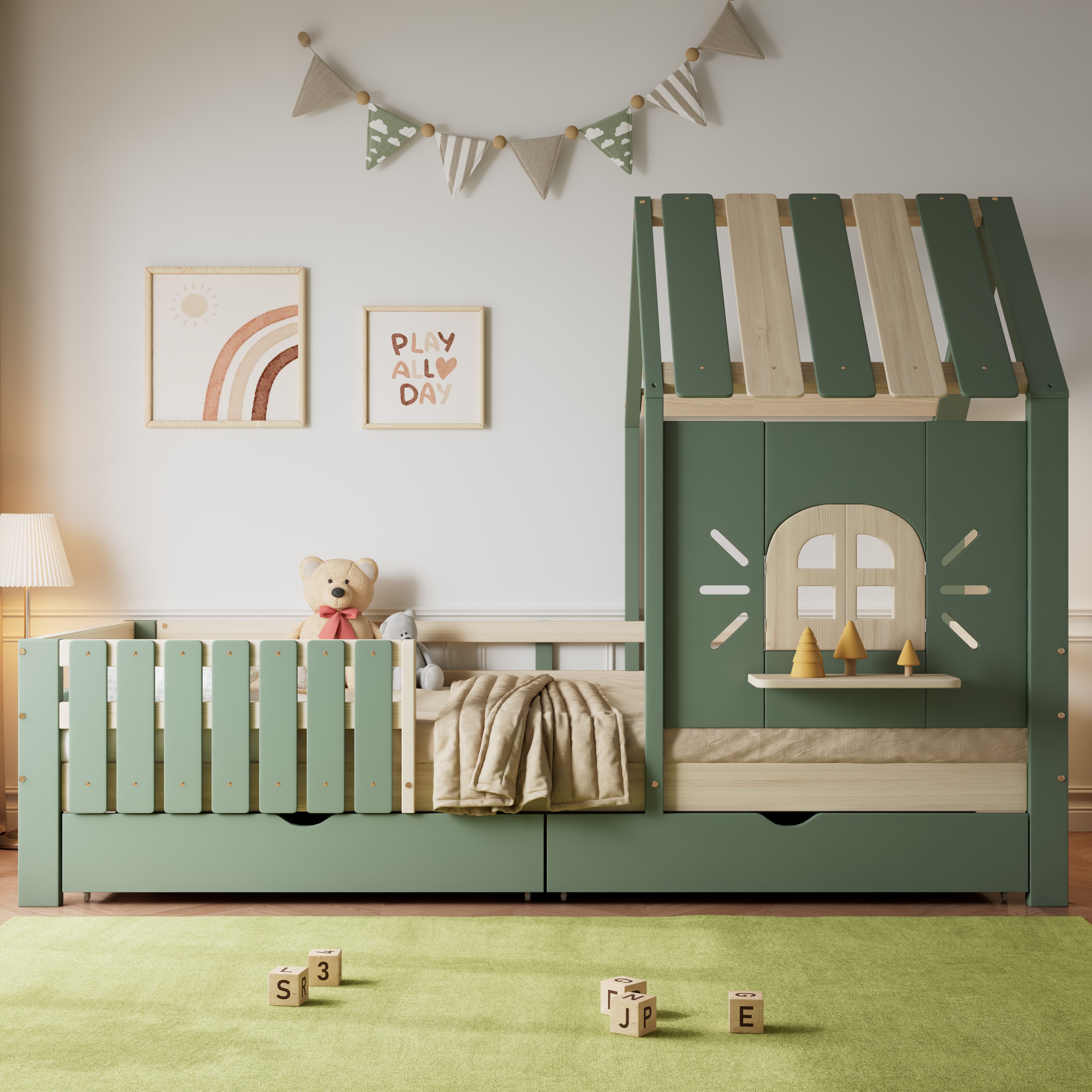 Flieks Kinderbett, Hausbett Einzelbett 90x200cm mit Dach und Fenster mit 2 günstig online kaufen