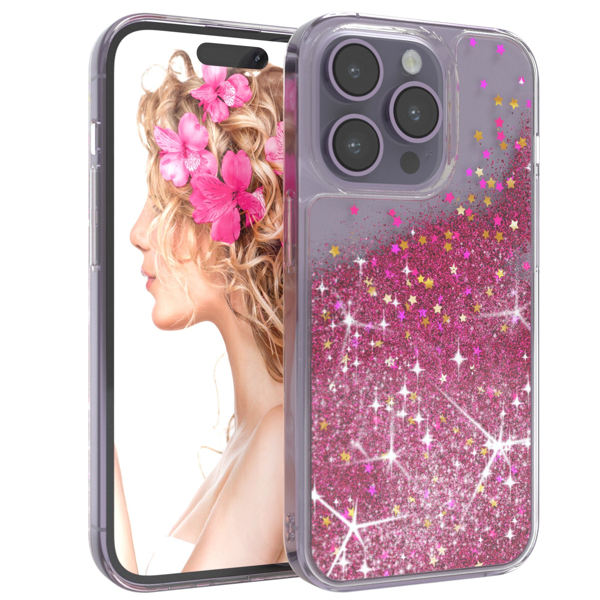 EAZY CASE Handyhülle Liquid Glittery Case für Apple iPhone 14 Pro 6,1 Zoll, Glitzerhülle Shiny Slimcover stoßfest Durchsichtig Bumper Case Pink
