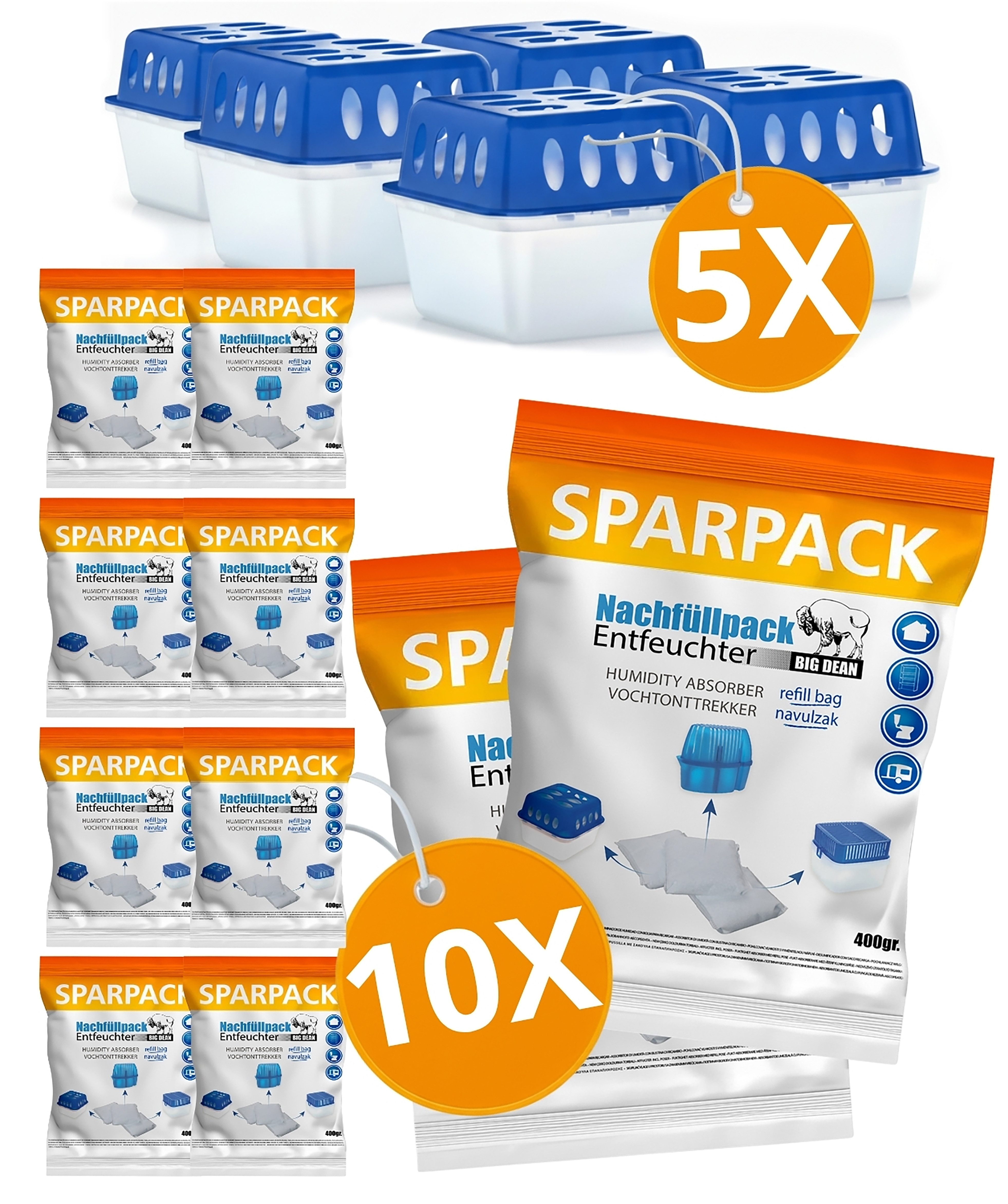 BigDean Granulat-Luftentfeuchter 5 Gehäuse und 10x 400g Nachfüller Champion, für 150 m³ Räume, Entfeuchtung 0 l/Tag, Tank 0 l, Stromlos, Geräuschlos