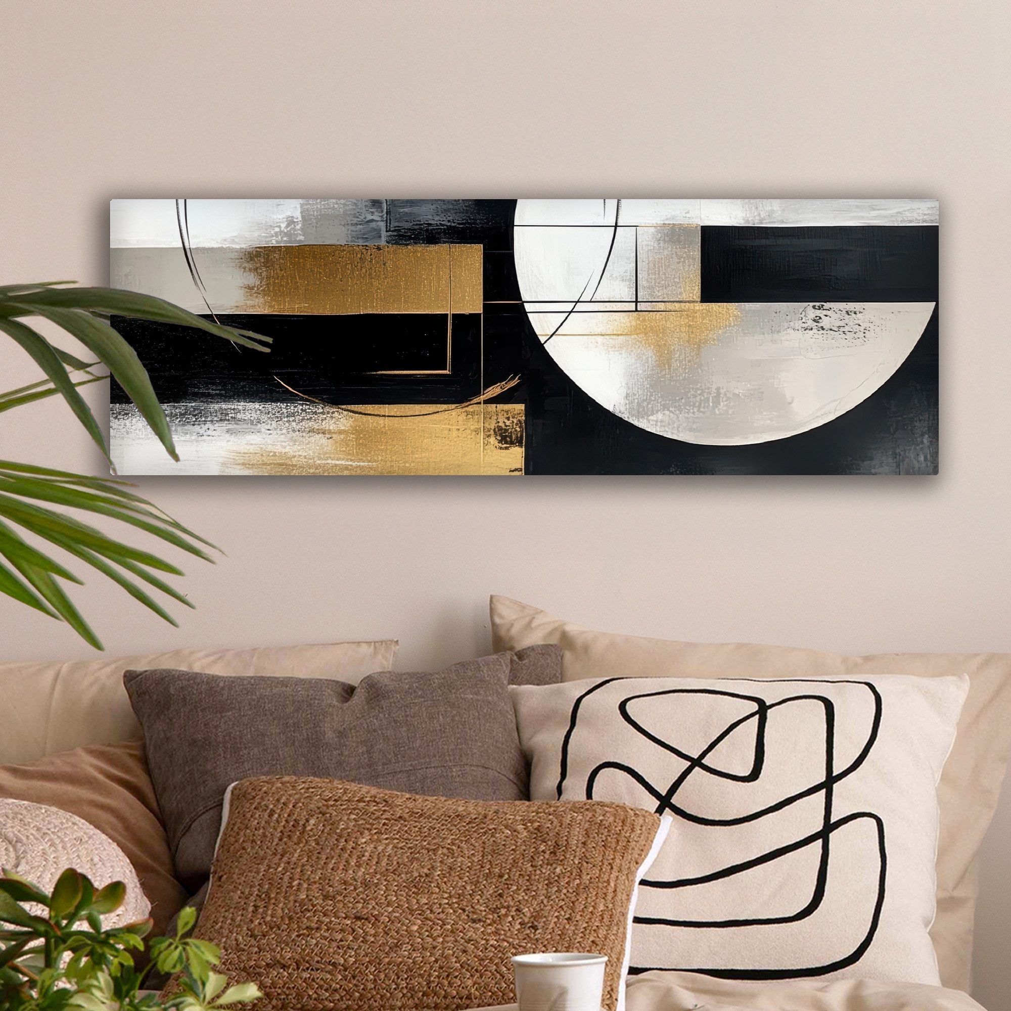 OneMillionCanvasses® Leinwandbild Panorama Abstrakt - Gold - Silber - Formen - Ästhetik, Fotodruck (1 St), Wandbild, Deko Schlafzimmer Wohnzimmer Flur 60x20 cm