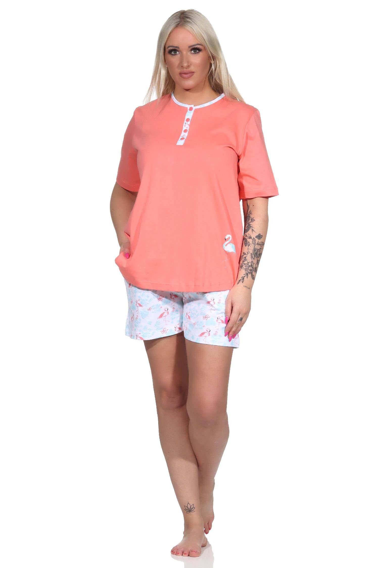 Damen Shorty apricot Normann mit Motiv Schlafanzug Pyjama Flamingo kurzarm