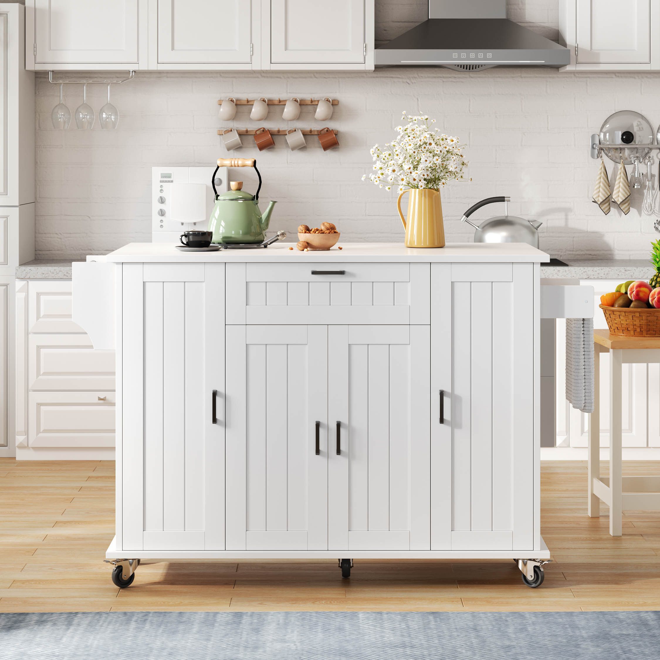 Ulife Kücheninsel mit klappbarer Platte, Rollen & Stauraum, 120 cm, Küchenwagen mit 4 Türen, Schublade, Gewürzregalen & Handtuchhaltern