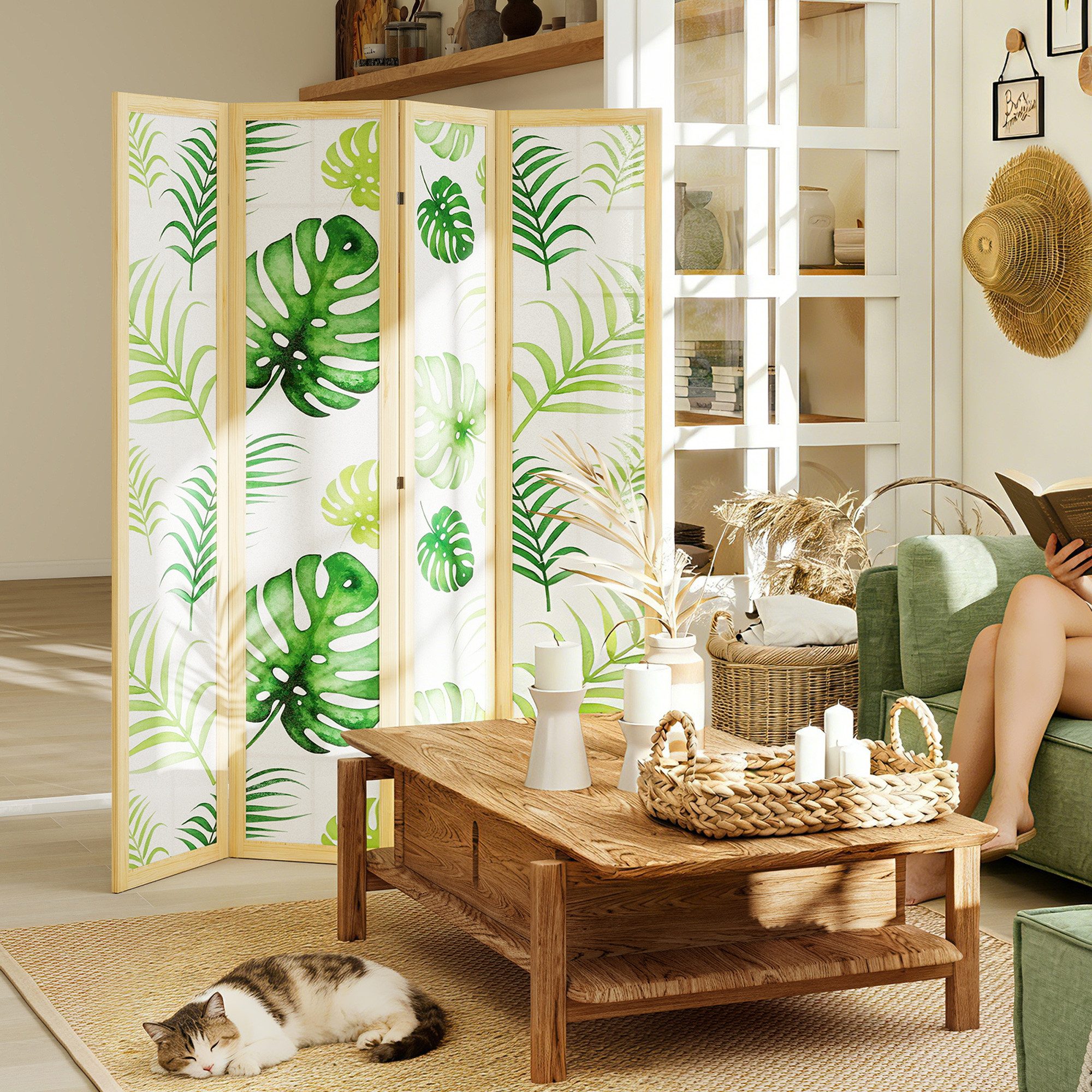 HOMCOM Paravent Sichtschutz aus Kiefernholz Trennwand mit Palmenblatt-Design (Tragbarer Sichtschutz, 1 St., 4-teilig Raumteiler), für Wohnzimmer, Arbeitszimmer, Naturholz+Grün
