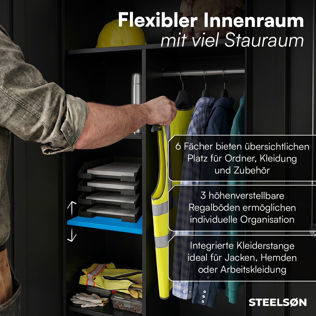 STEELSØN Garderobenschrank Regulus abschließbar inkl. 2 Schlüsseln, 175x40x80 cm (Schwarz, 1-St) Spindschrank aus Stahl mit 6 Fächern & 1 Kleiderstange – Bild 4 von 5