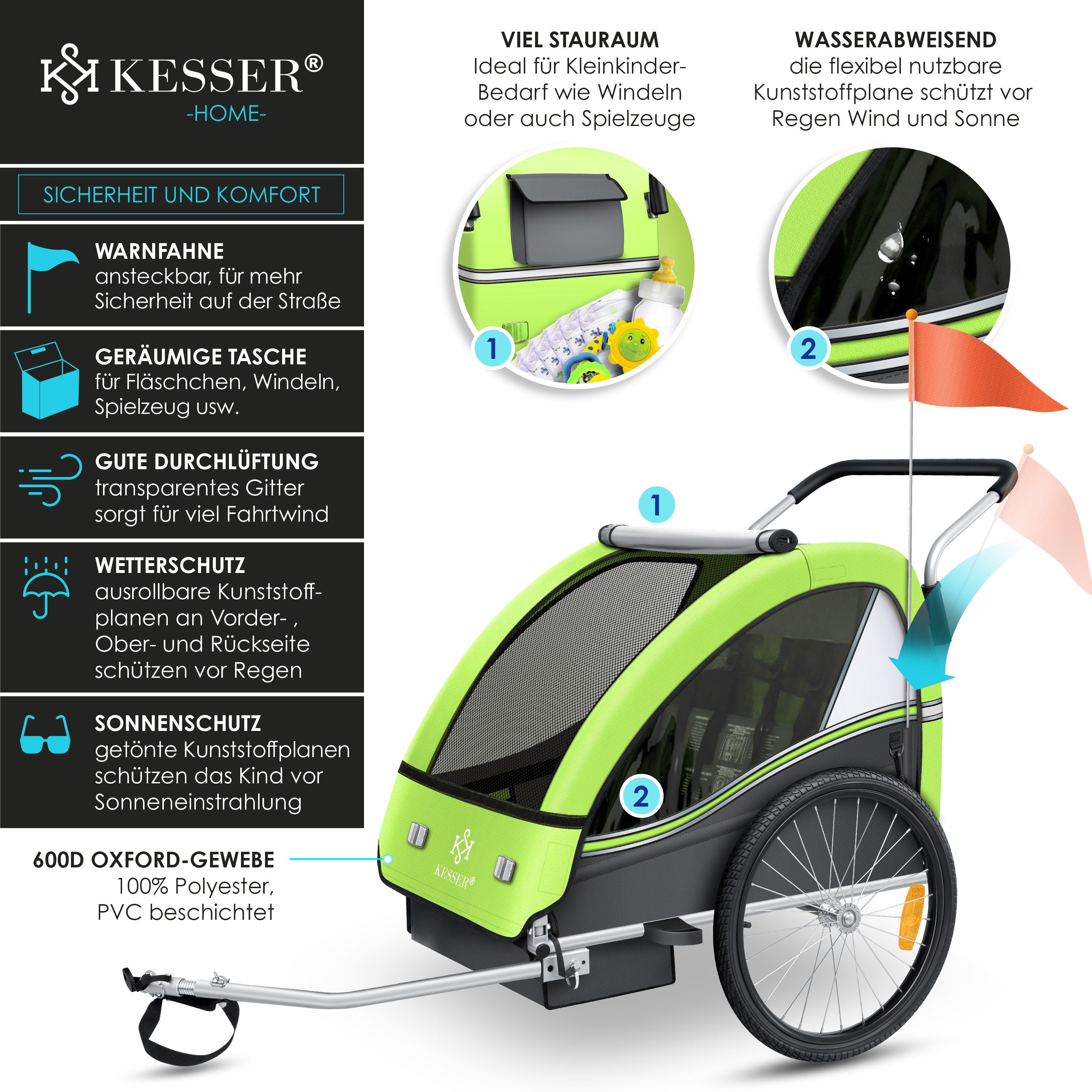 KESSER Fahrradkinderanhänger, Kinderanhänger Fahrradanhänger Sport-RX in Joggerfunktion