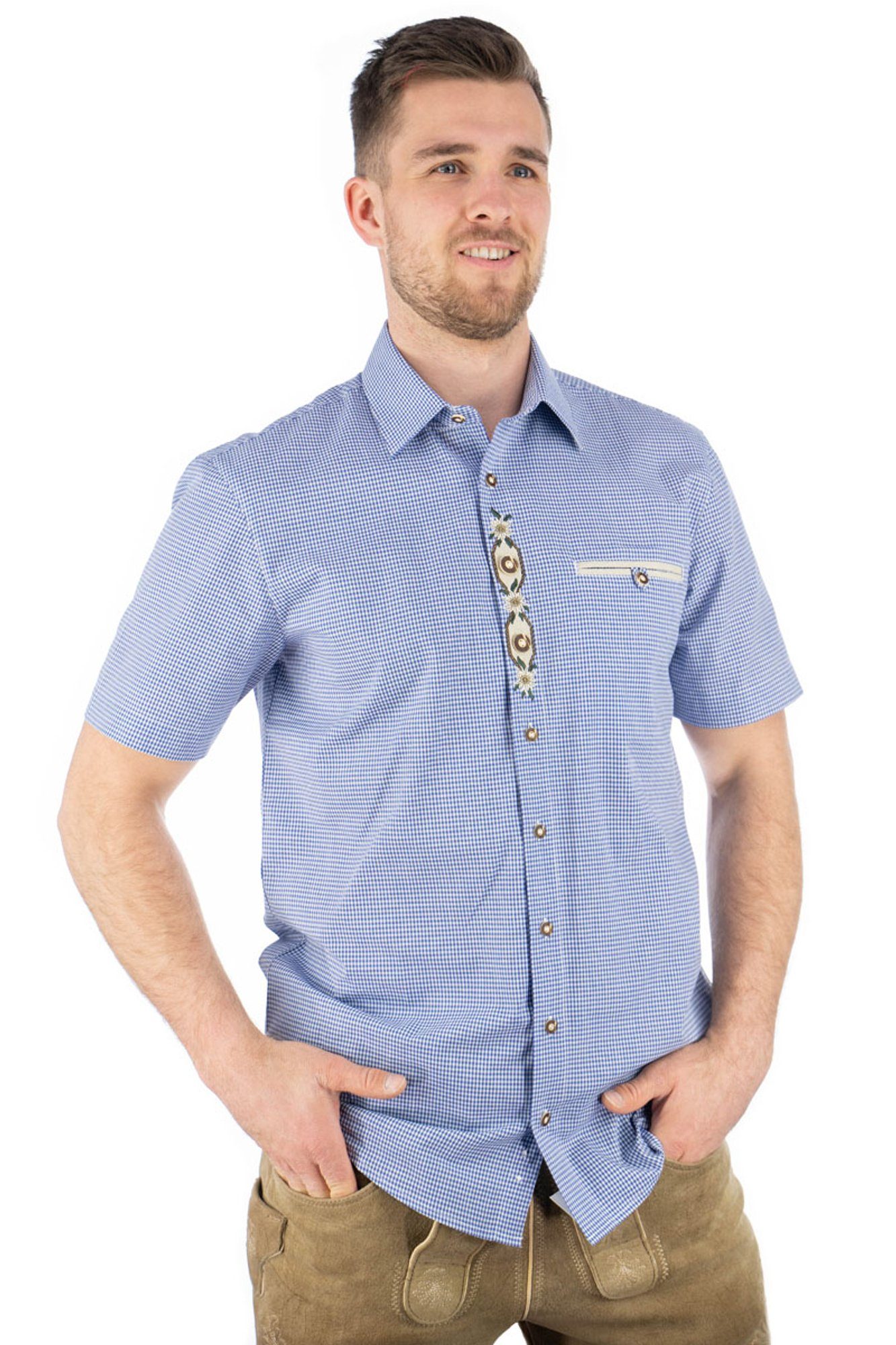 OS-Trachten Trachtenhemd Weonys Kurzarmhemd mit Paspeltasche, Edelweiß-Stickerei auf der Knopfleiste mittelblau